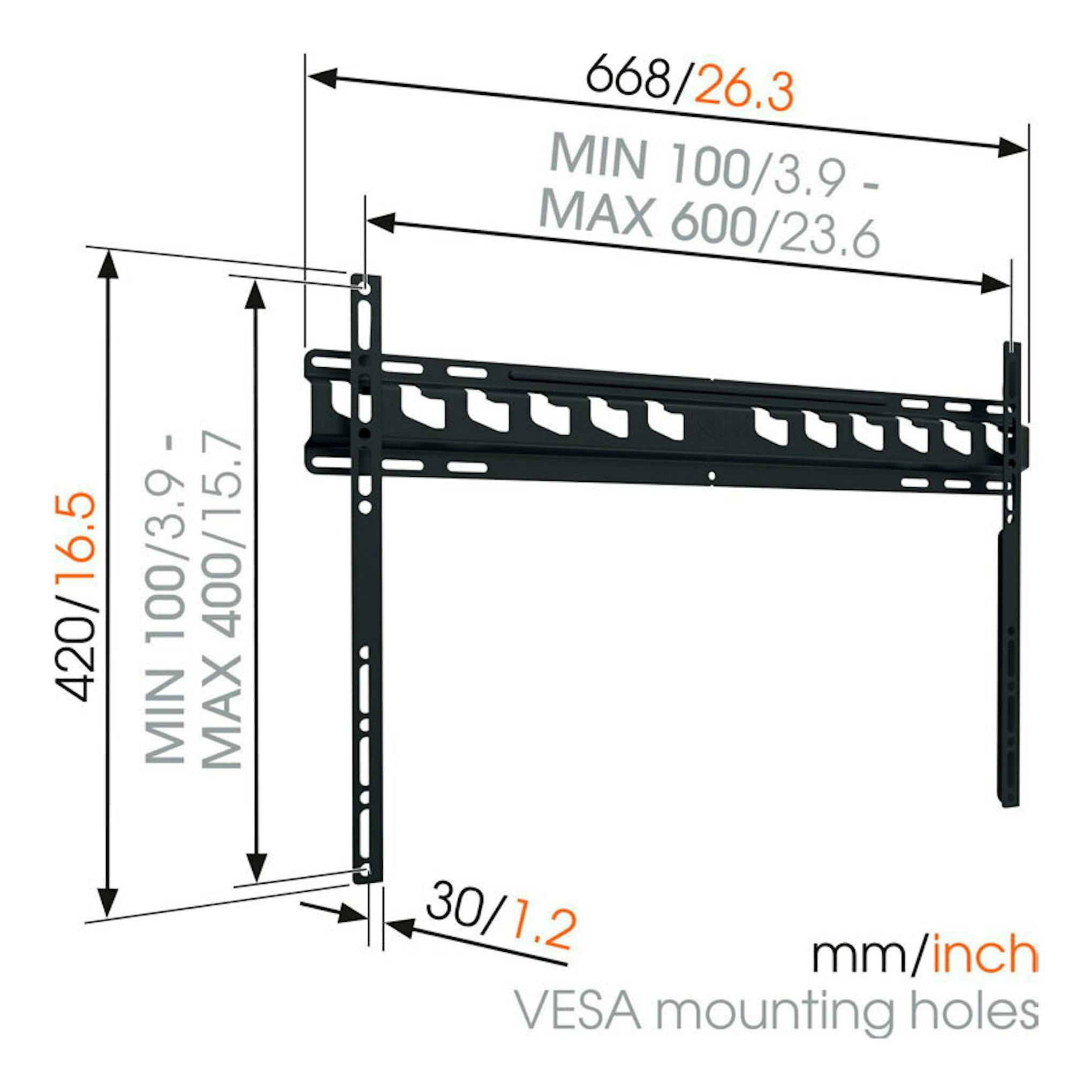 Soporte de TV Vogels MA4000 negro, vista lateral con medidas VESA y flechas de dimensiones.