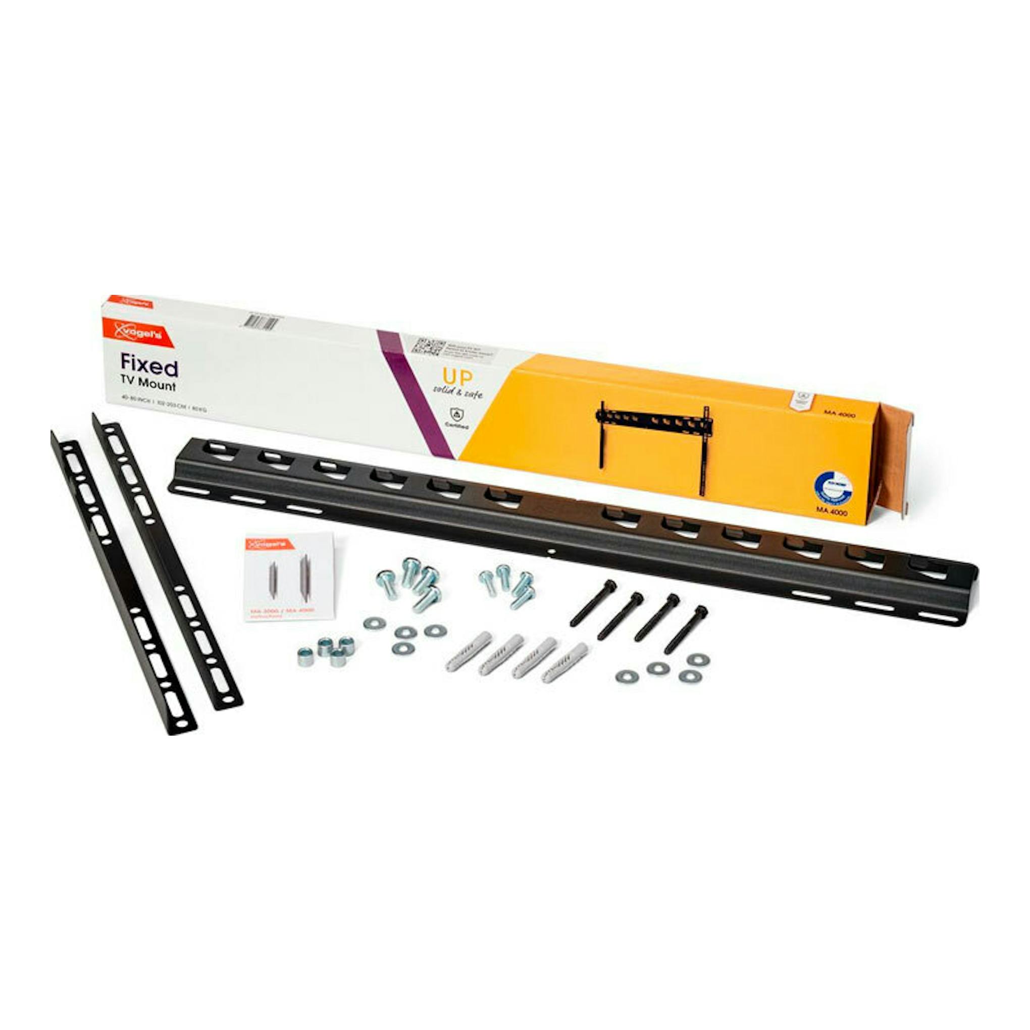 Soporte TV Vogels MA4000 negro, vista frontal con barra y accesorios sobre fondo blanco.