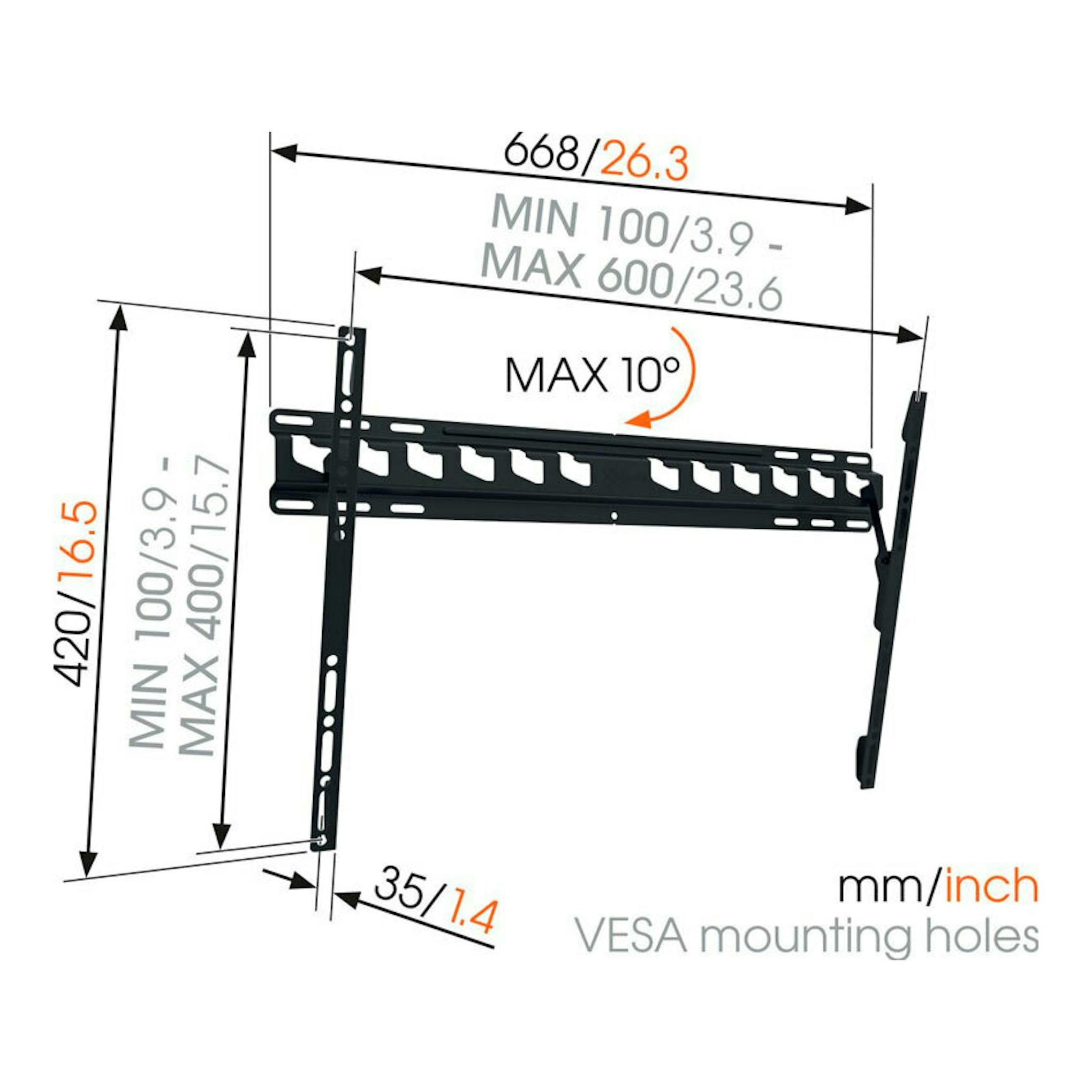 Vogel's MA4010: soporte de pared negro para TV, vista lateral, con medidas VESA y ángulo máx. 10°.