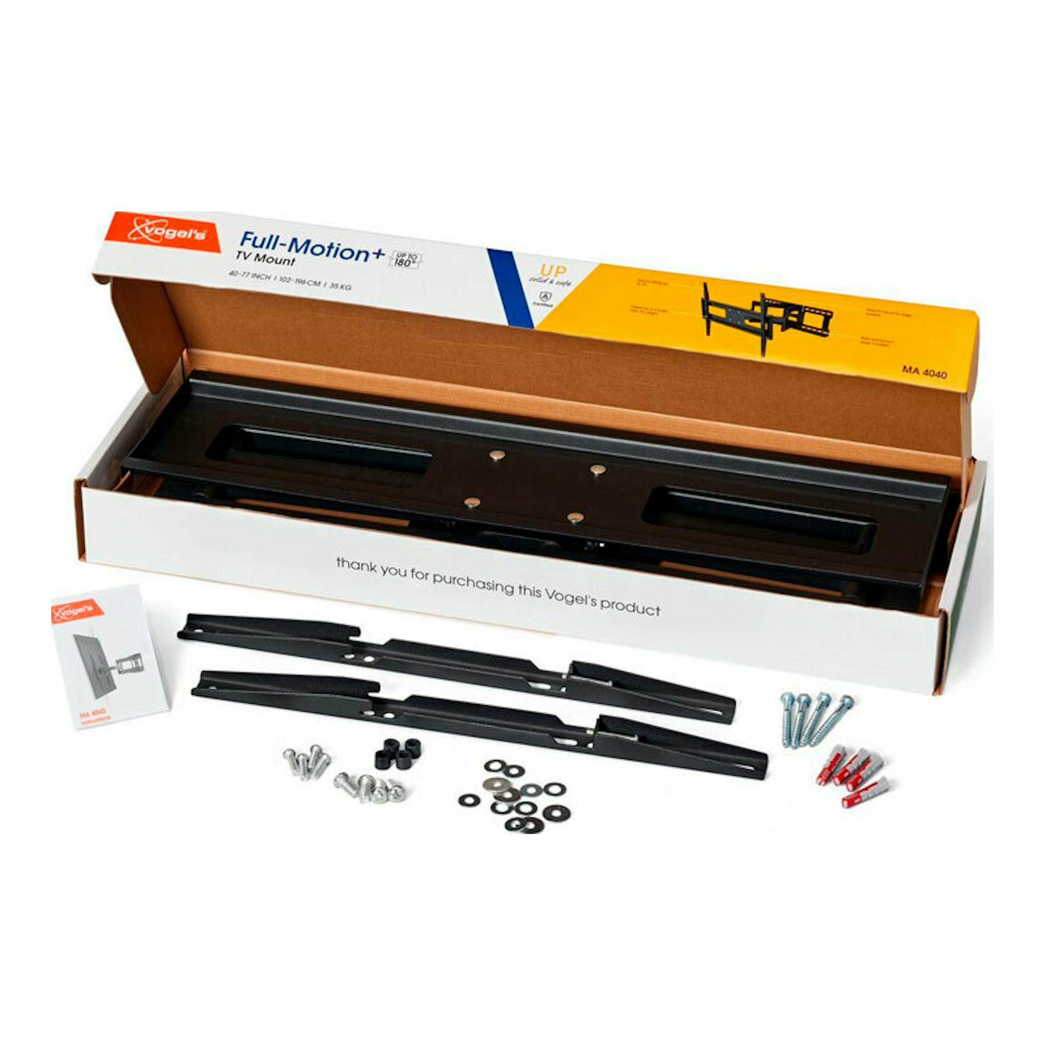 Soporte TV Vogel's MA4040 Full-Motion+ negro, abierto en caja, con brazos y tornillería.