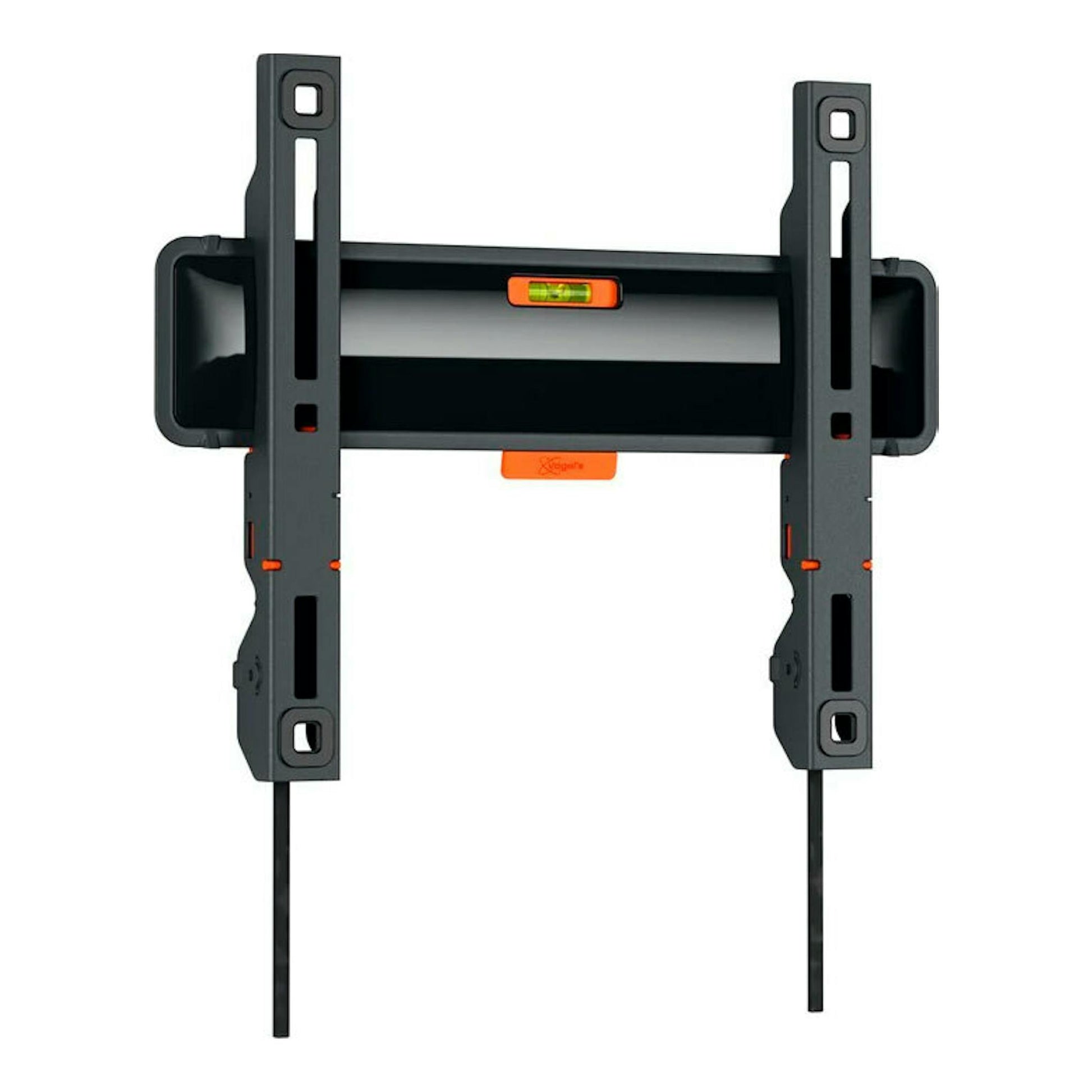 Soporte TV Vogels TVM 3203 negro, vista frontal, con dos rieles verticales y nivel de burbuja.