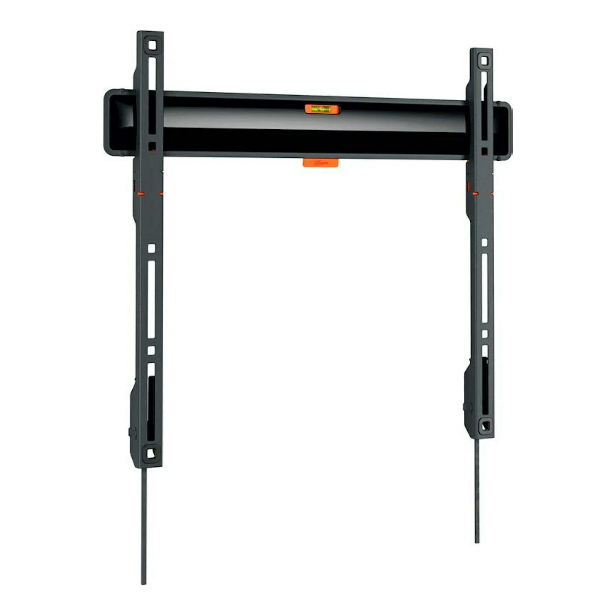 Soporte de TV Vogels TVM 3403 negro, vista frontal, con dos rieles verticales y nivel integrado.