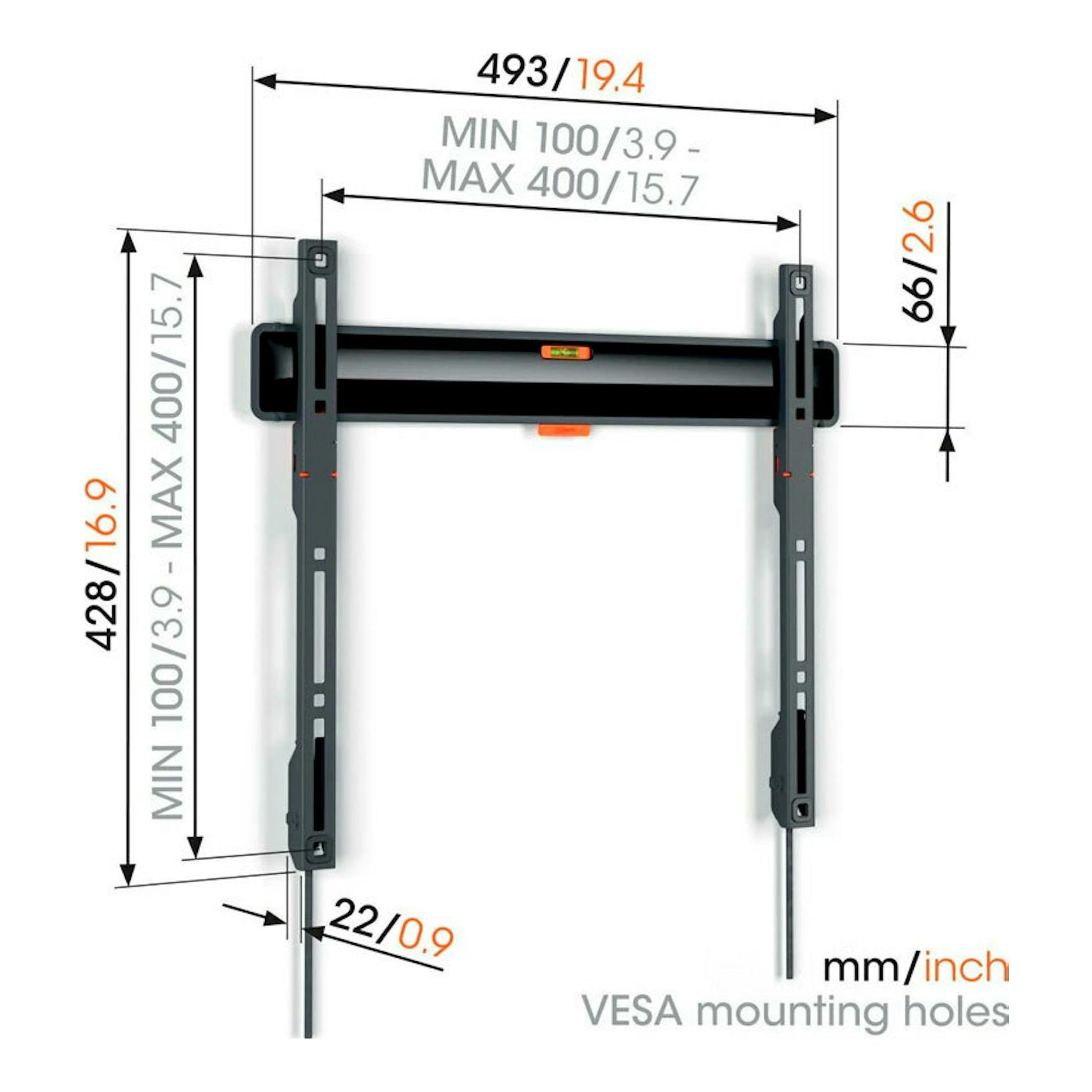 Soporte de TV Vogel’s TVM 3403 negro, vista frontal con barras de montaje y medidas VESA marcadas.