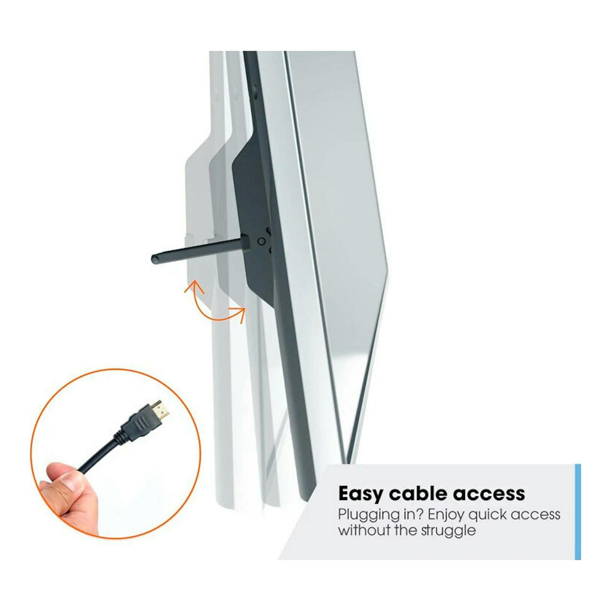 Soporte TV Vogels TVM 3403, vista lateral, brazo negro y acceso a cable HDMI.