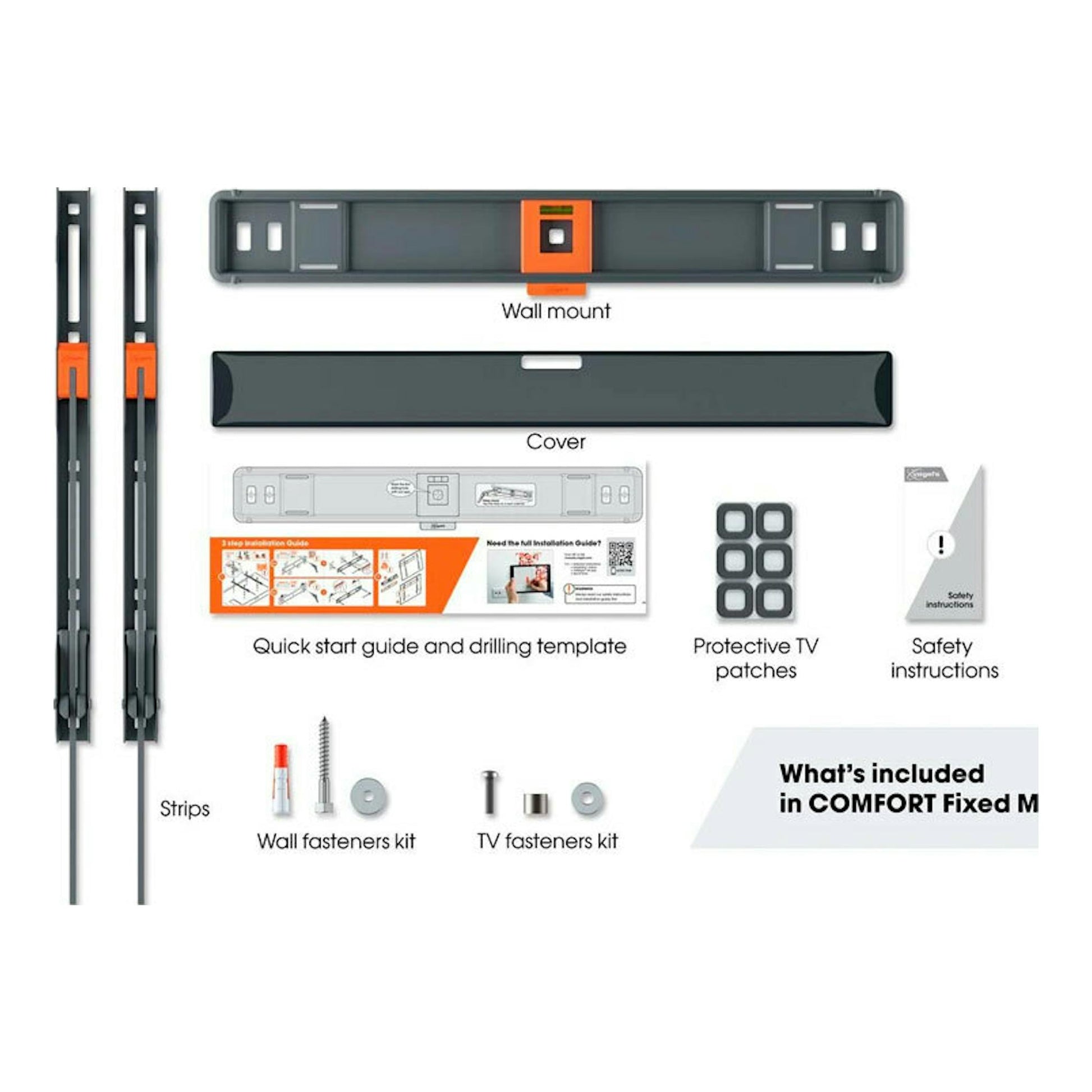 Kit del soporte TV Vogels TVM 3403, vista frontal: piezas del soporte mural gris/negro, guía, tornillería y protecciones.