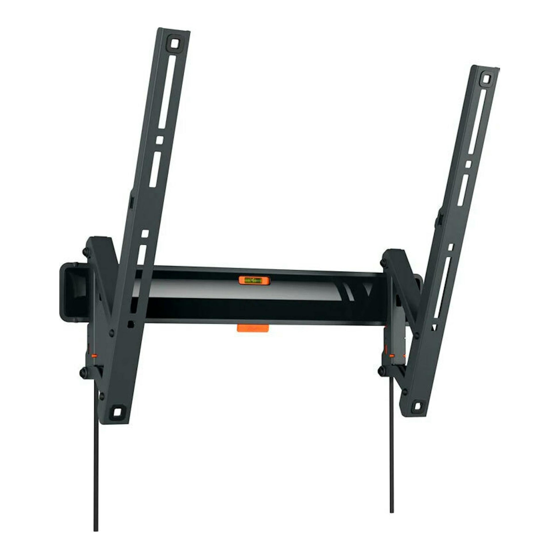 Soporte de TV Vogels TVM 3413 negro, vista frontal, con brazos abatibles y nivel de burbuja.