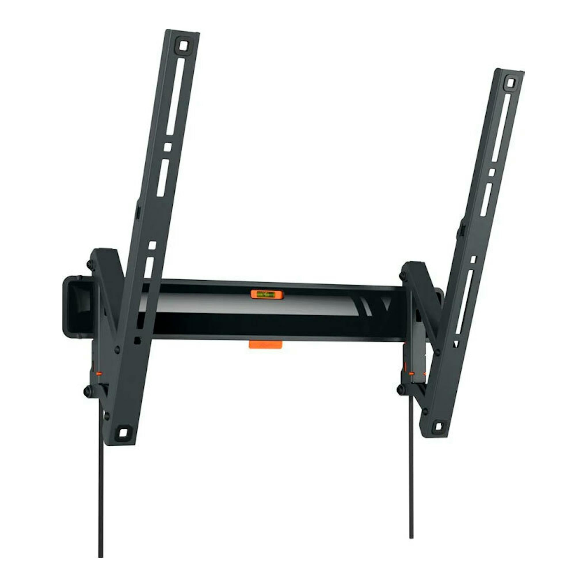 Soporte de TV Vogels TVM 3413 negro, vista frontal, con brazos abatibles y nivel de burbuja.