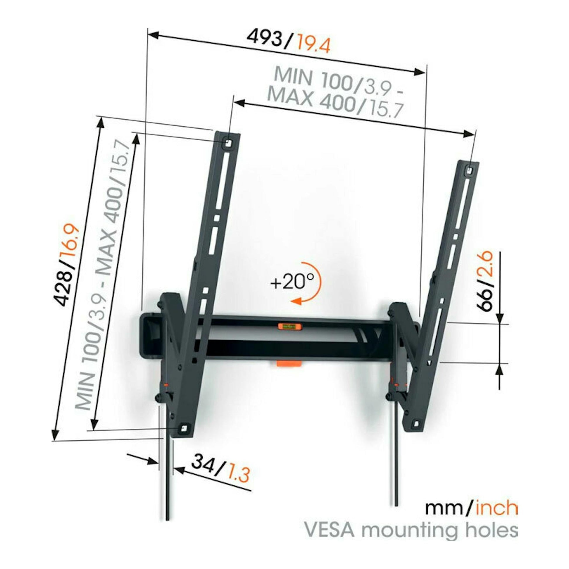 Soporte de pared Vogel's TVM 3413 negro, vista frontal con brazos inclinables y medidas VESA.