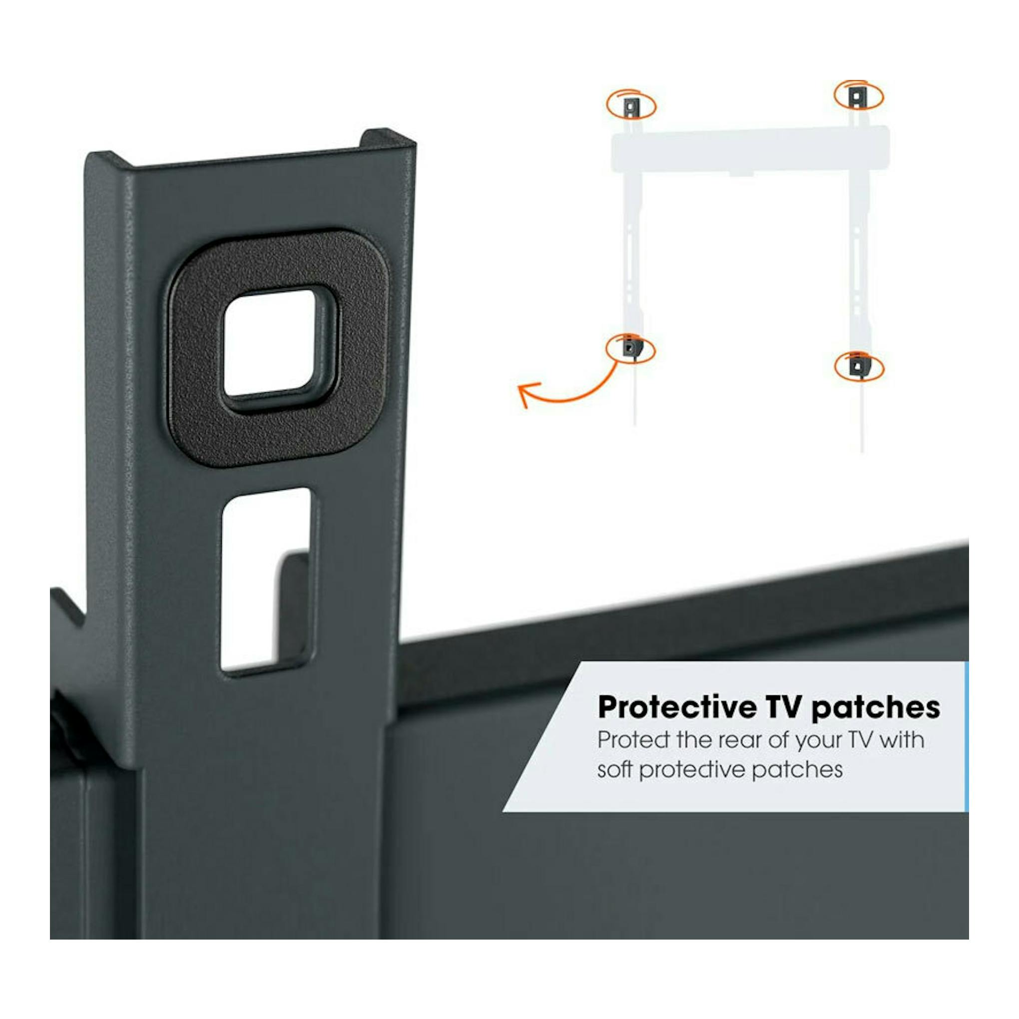 Vogels TVM 3413 negro, detalle de soporte de pared con almohadilla protectora y esquema de montaje.