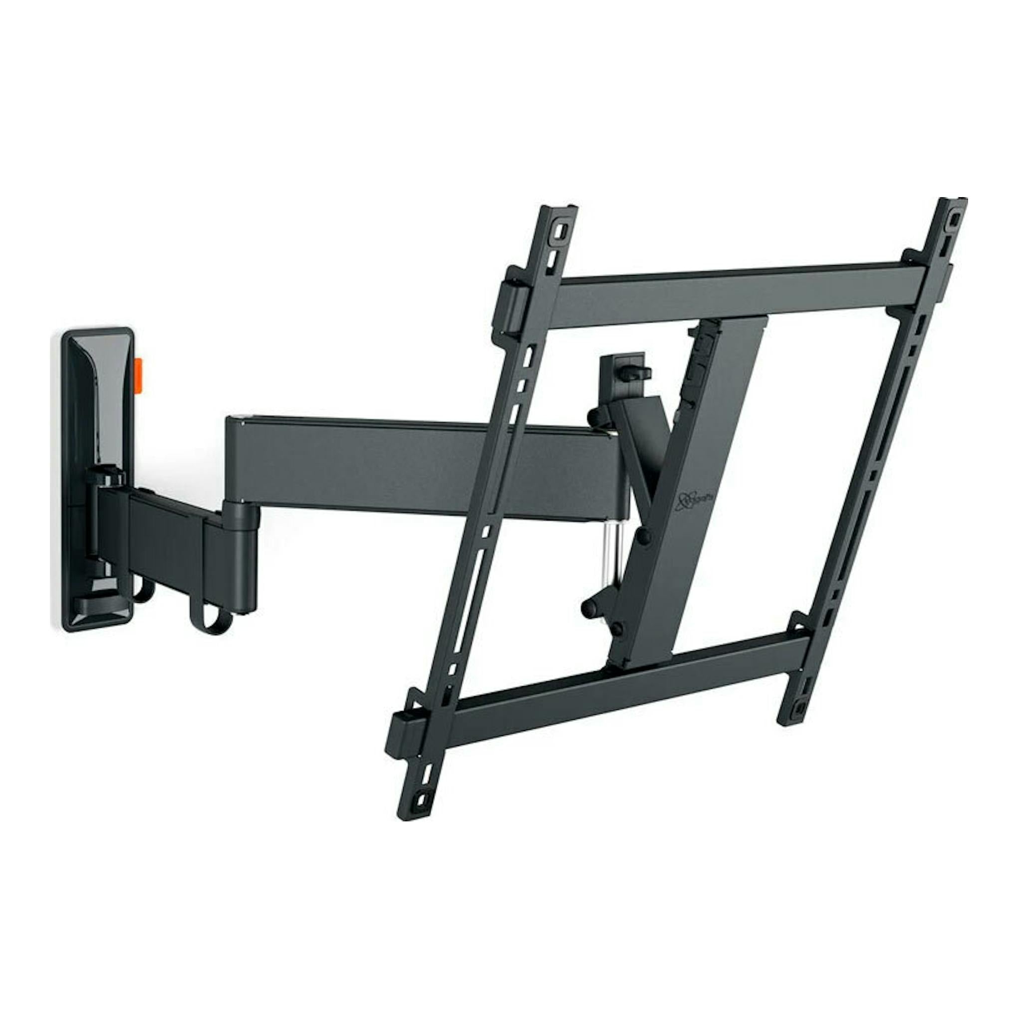 Soporte de pared Vogel's TVM 3443 negro, brazo articulado para TV, vista frontal en ángulo.