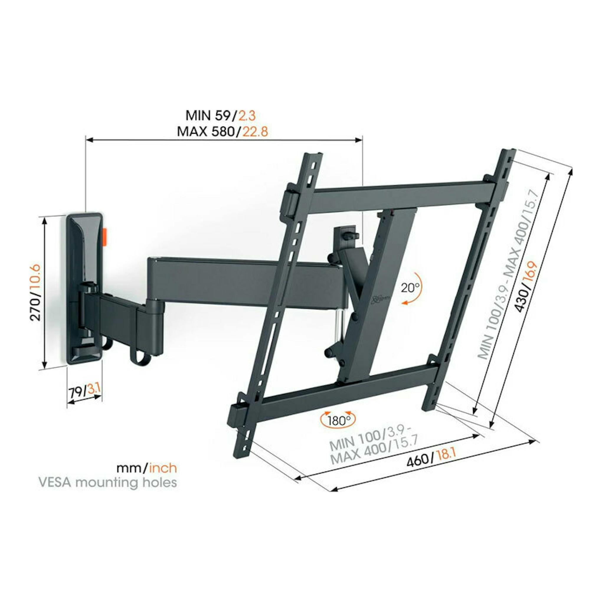 Soporte de pared para TV Vogels TVM 3443 negro, vista lateral y frontal con medidas y anclaje VESA.
