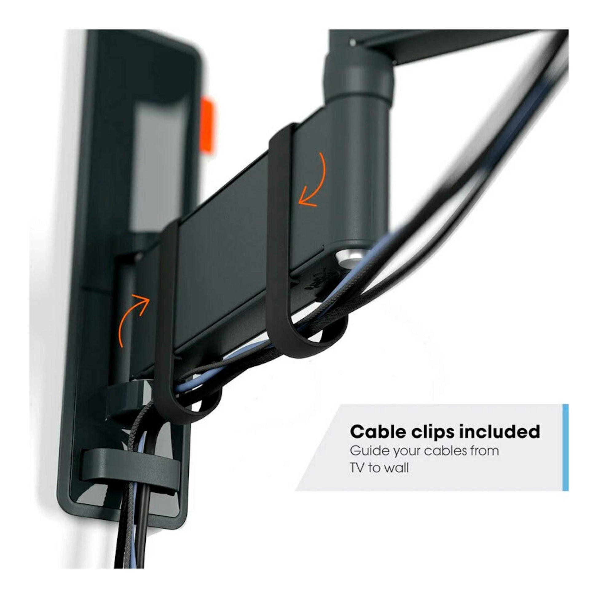 Soporte de TV Vogels TVM 3443 negro, vista lateral, con brazo articulado y clips para cables.