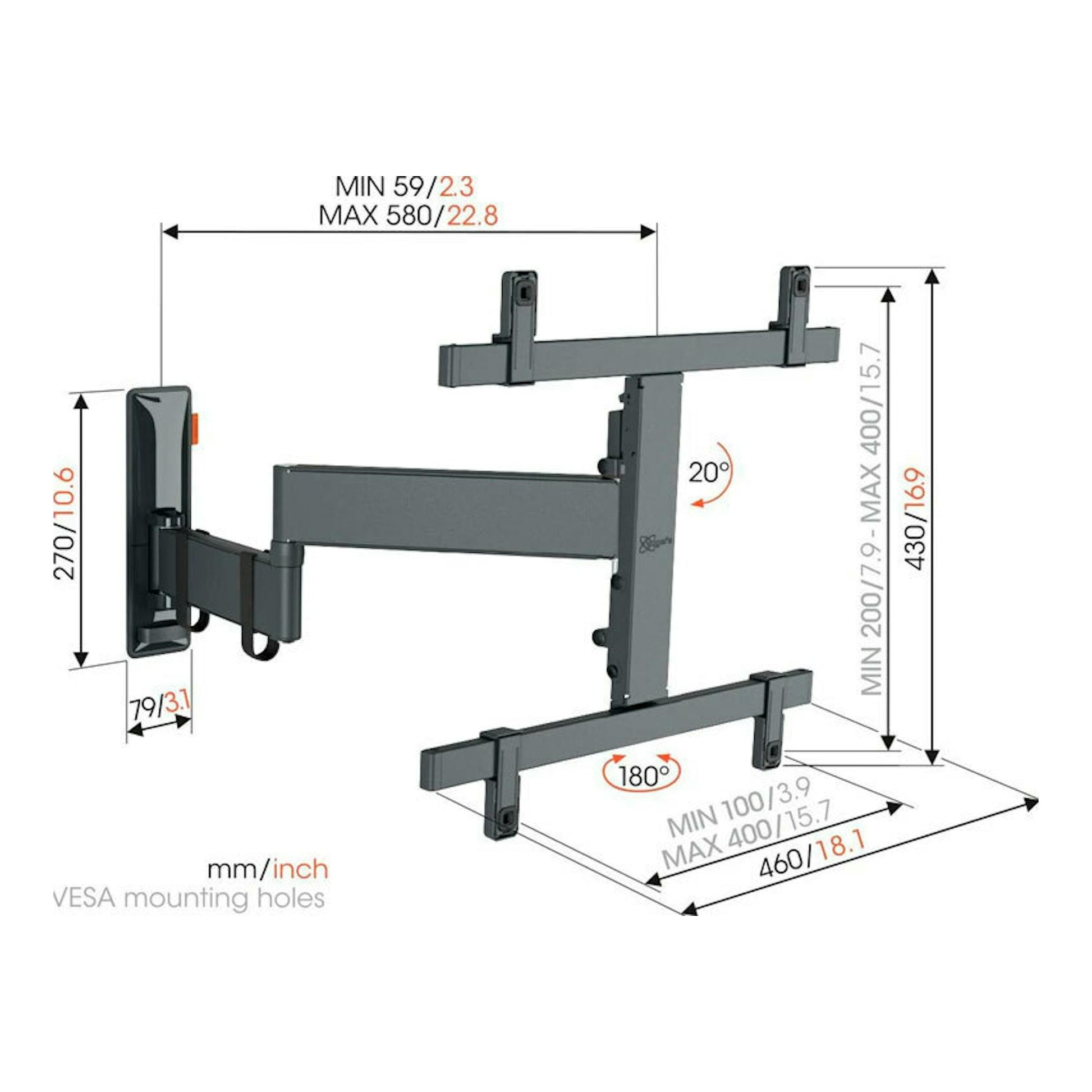 Soporte de pared para TV Vogels TVM 3463, vista lateral, brazo articulado en gris oscuro y medidas VESA.
