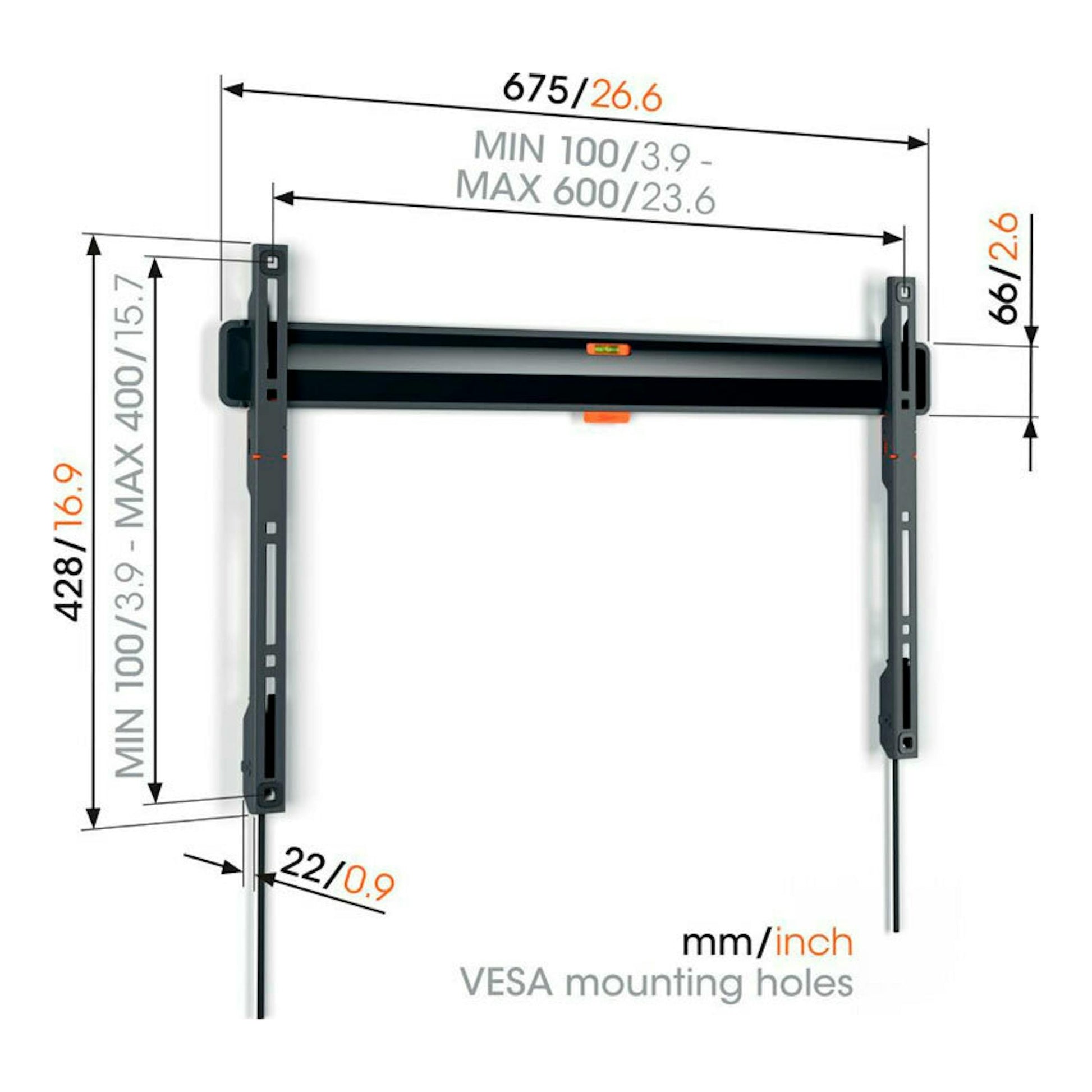 Soporte de pared para TV Vogel’s TVM 3603 negro, vista frontal con brazos y medidas VESA.