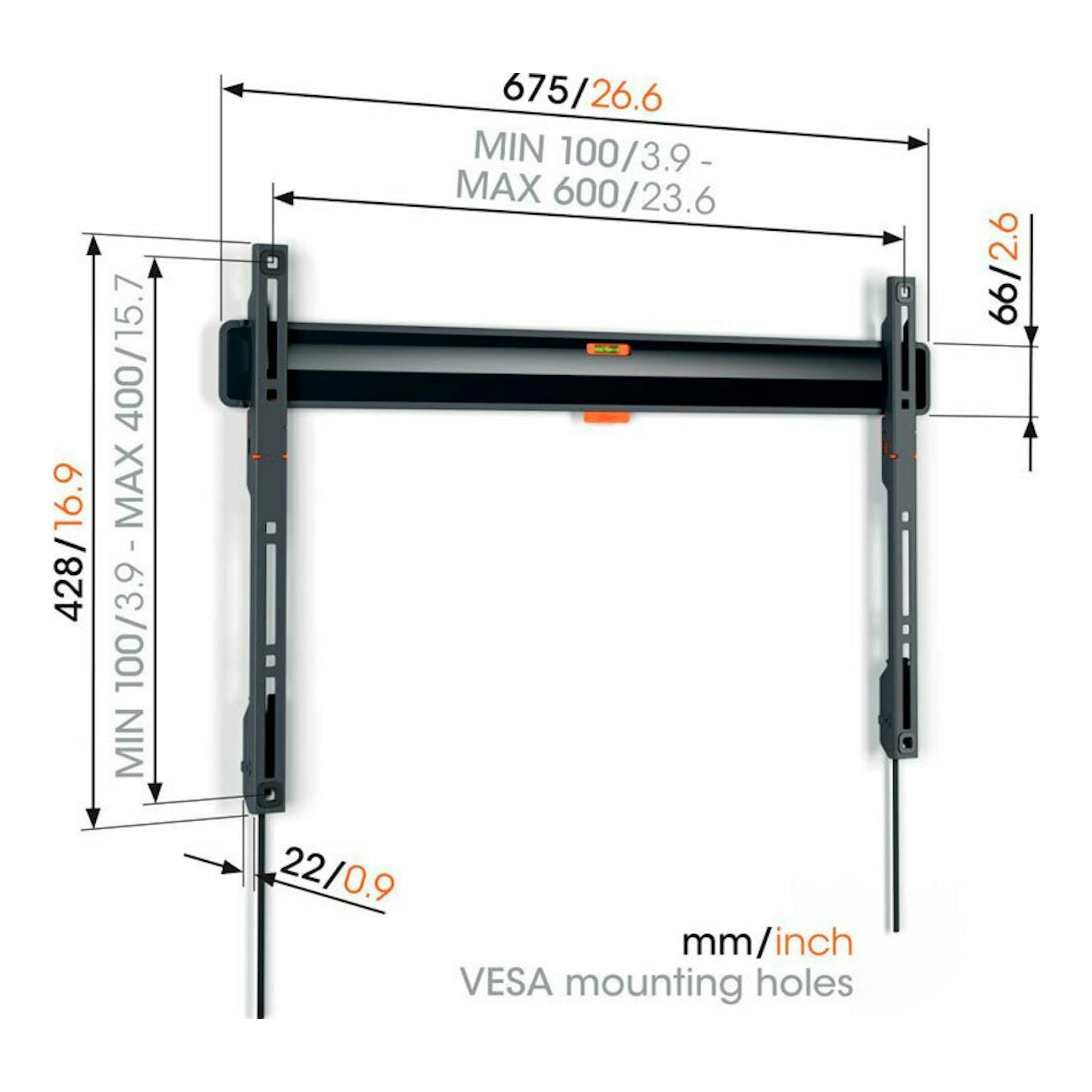 Soporte de pared para TV Vogel’s TVM 3603 negro, vista frontal con brazos y medidas VESA.