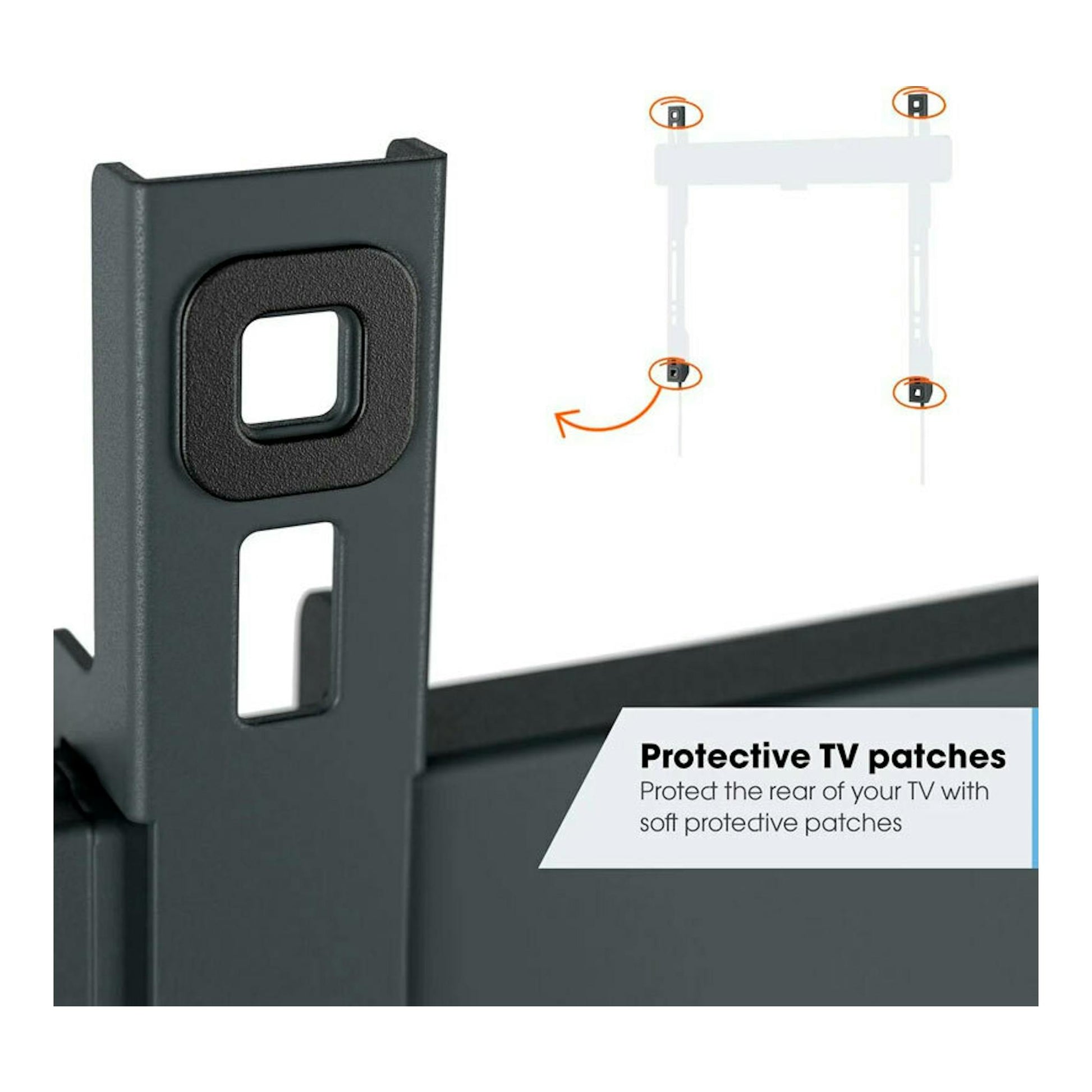 Soporte TV Vogel's TVM 3603 negro, primer plano del soporte con parche protector y esquema de montaje