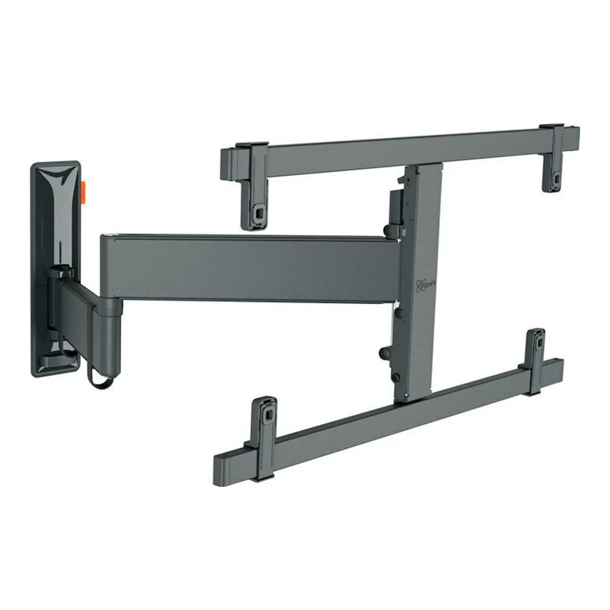 Soporte de TV Vogels TVM 3663 negro/gris, vista lateral, con brazo articulado y rieles.