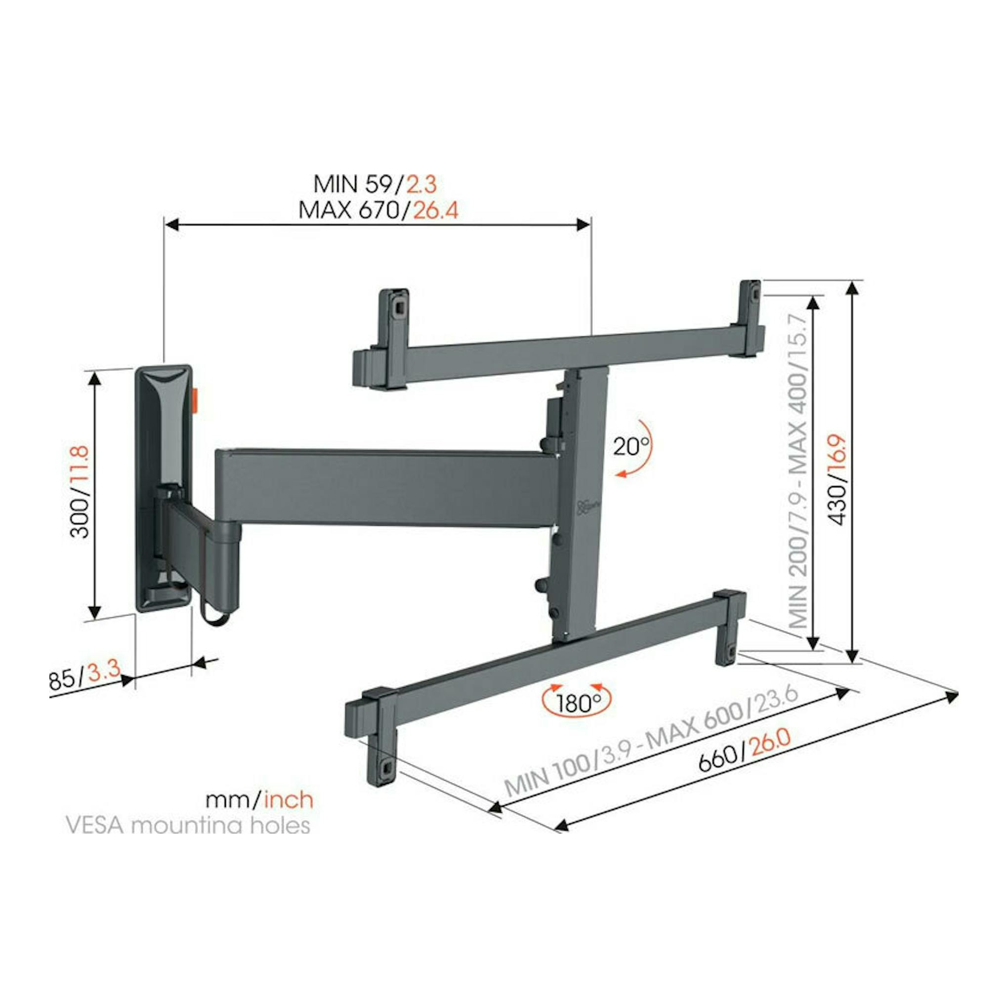 Soporte TV Vogels TVM 3663 negro, vista técnica de brazo articulado de pared con medidas VESA.