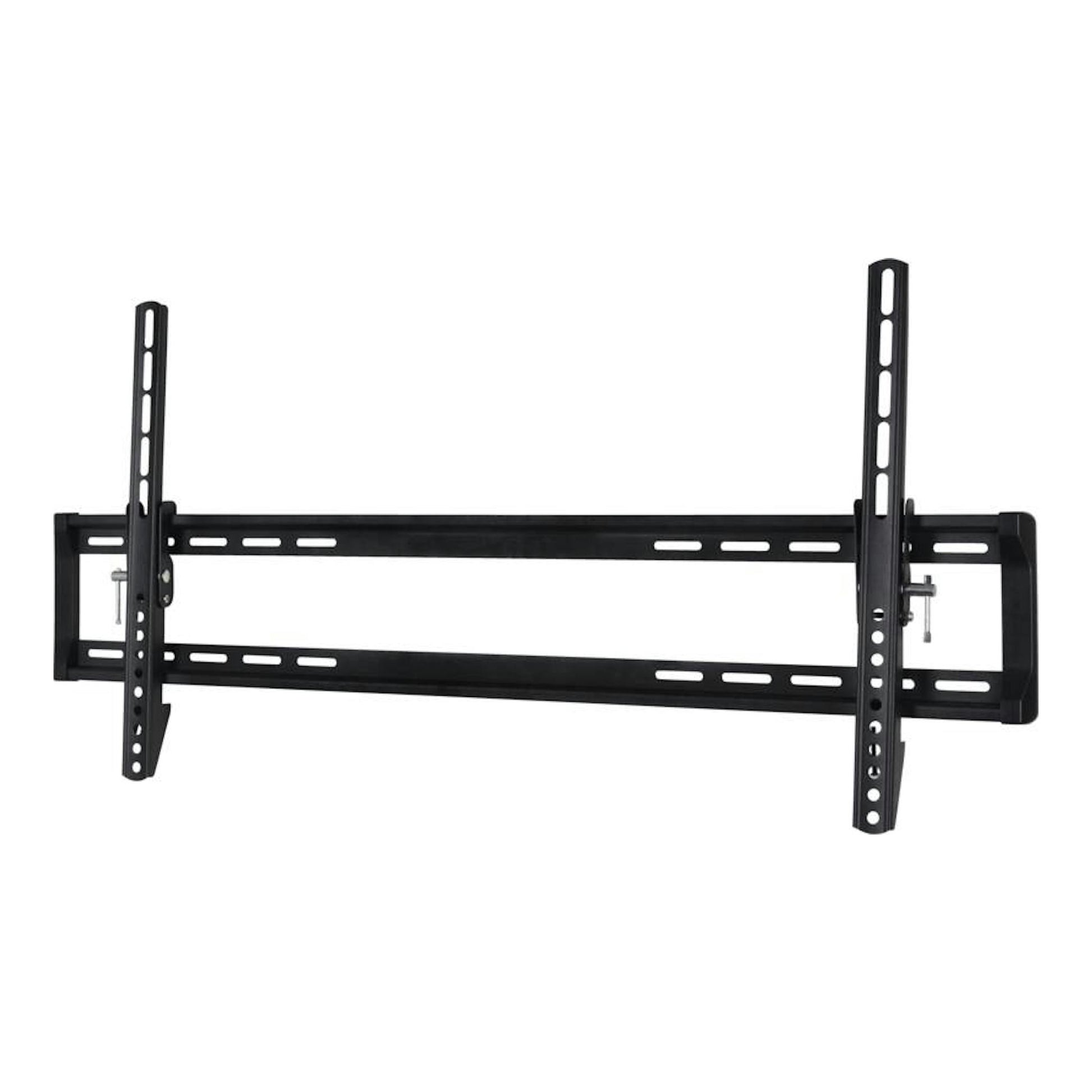 Soporte de pared negro Vivanco VVTVTIL85INCH65KG para TV, vista frontal, con dos raíles verticales.