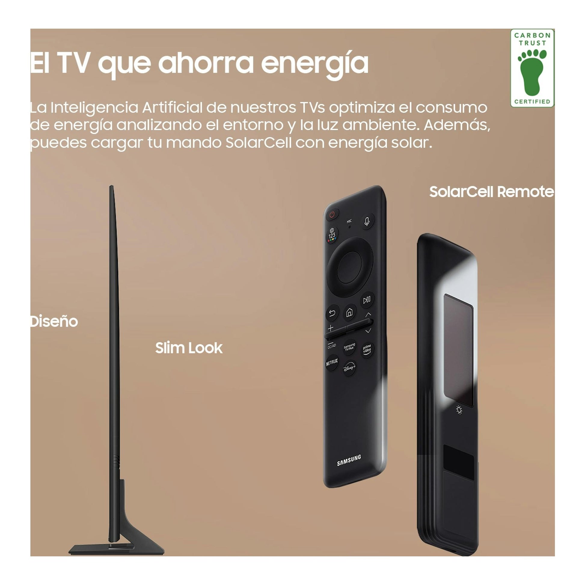 Samsung TU98DU9005KXXC: televisor negro en vista lateral, diseño delgado, con mando SolarCell.
