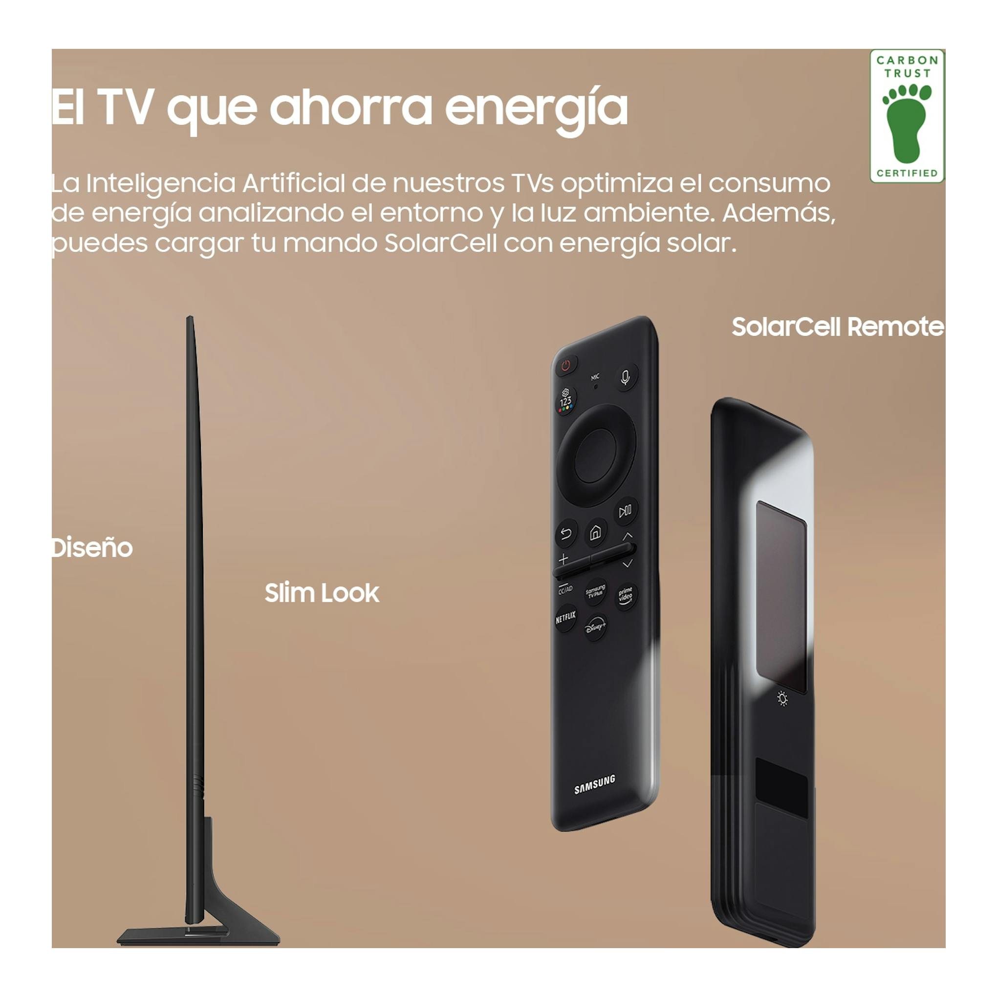 Samsung TU98DU9005KXXC: televisor negro en vista lateral, diseño delgado, con mando SolarCell.