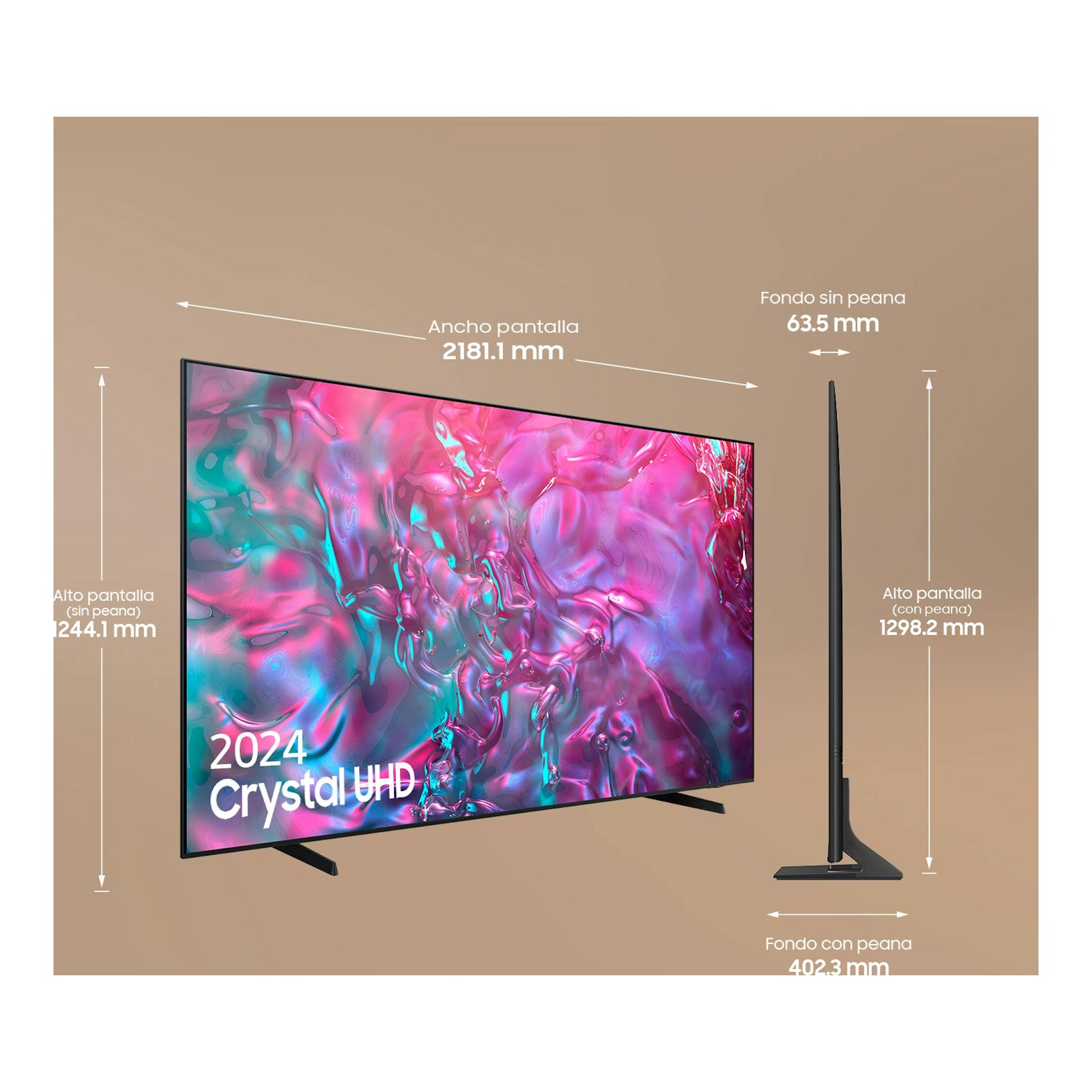 Samsung TU98DU9005KXXC: infografía de televisor Crystal UHD negro, vista frontal y lateral, con peana.