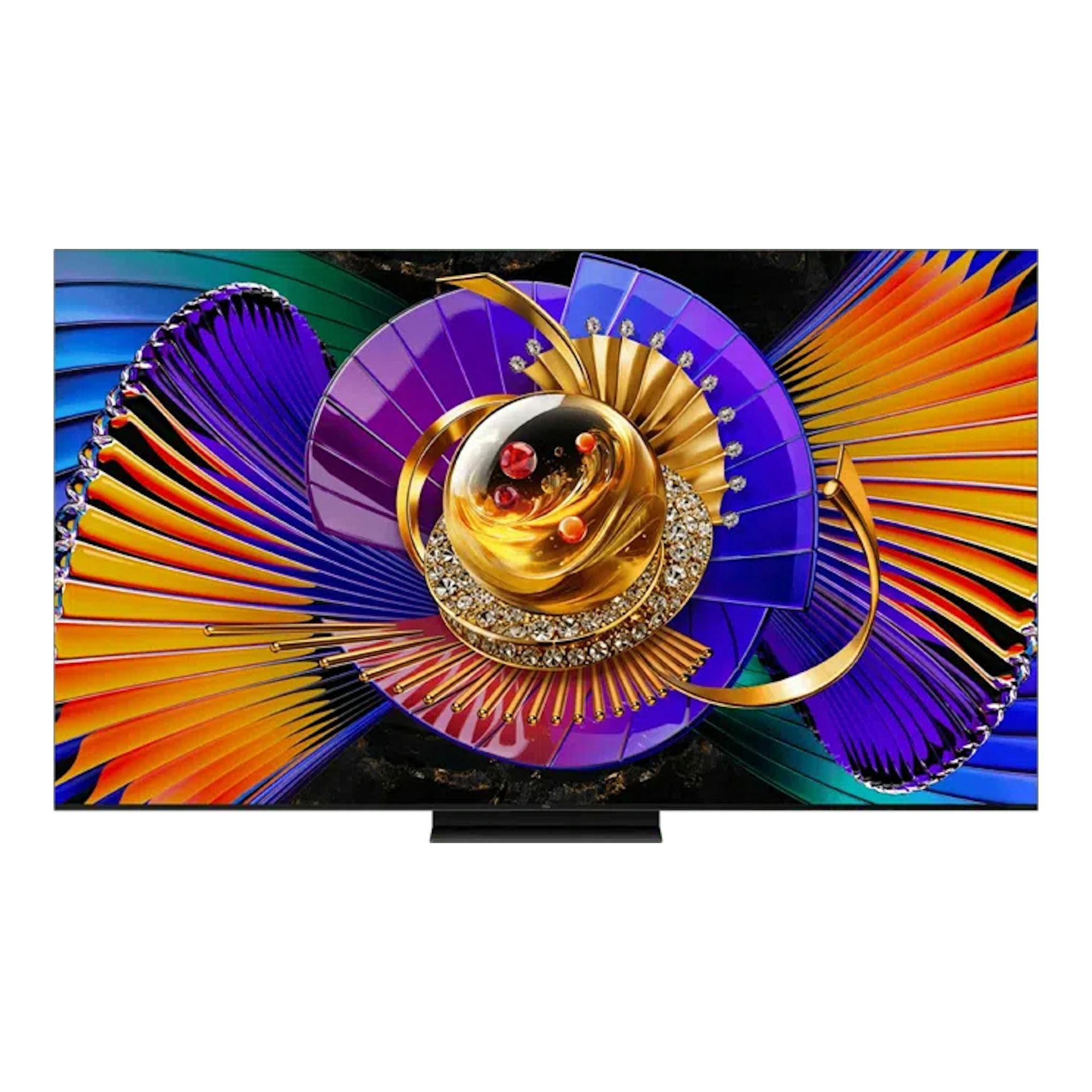 Televisor TCL 75C7L negro, vista frontal, mostrando una imagen abstracta multicolor sobre fondo blanco.
