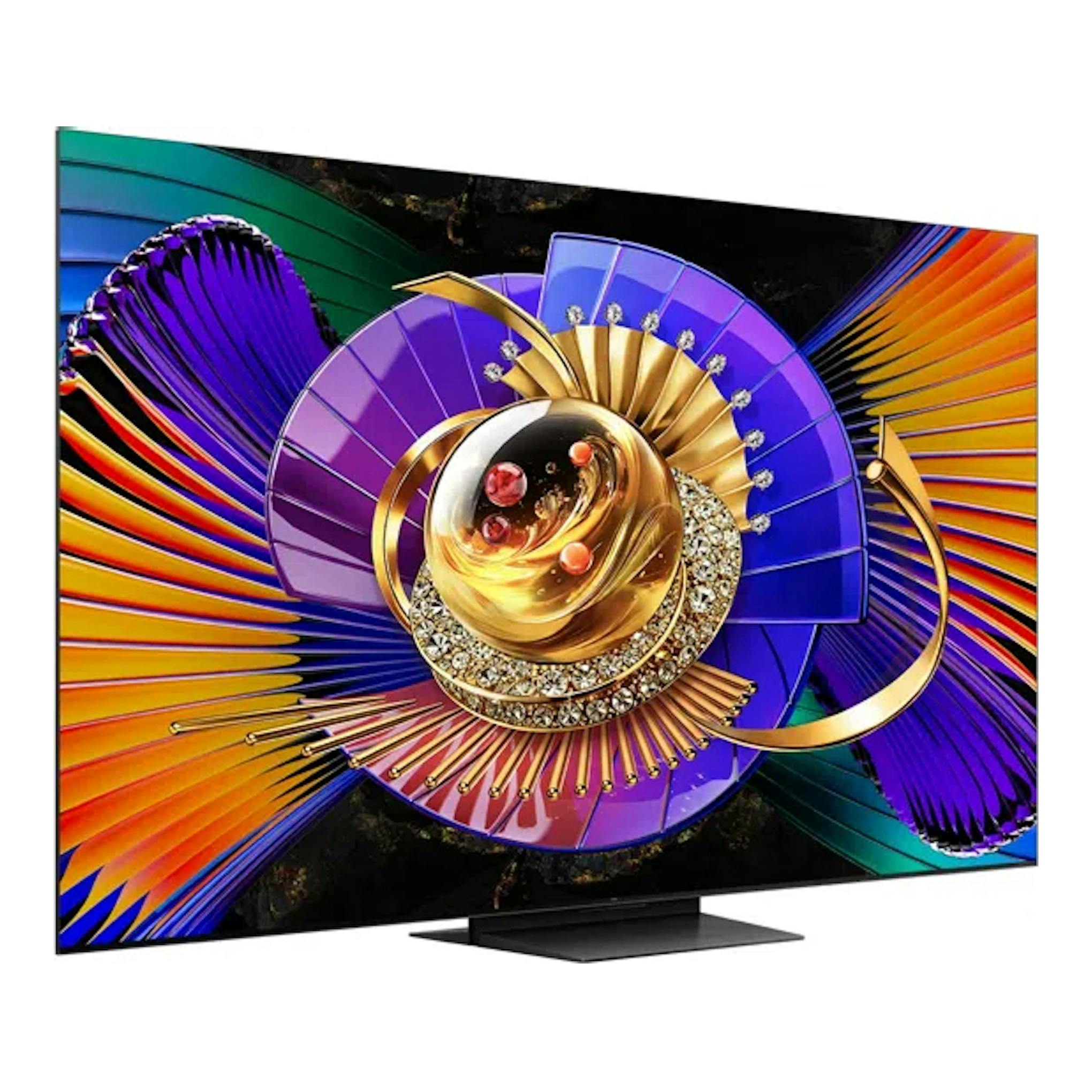 Televisor TCL 75C7L de pantalla plana, vista frontal en ángulo, con imagen abstracta multicolor y base negra.