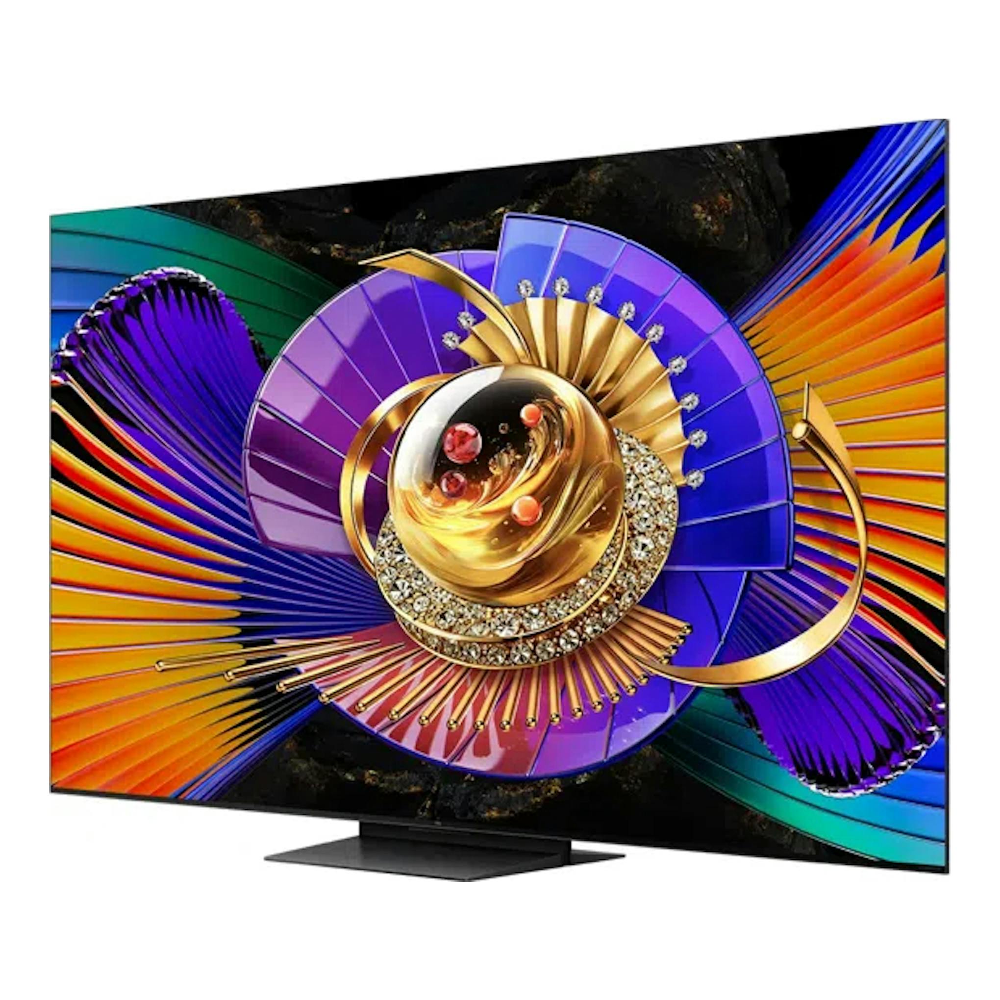 Televisor TCL 65C7L 4K Mini LED, vista frontal, pantalla con diseño abstracto multicolor y base negra.