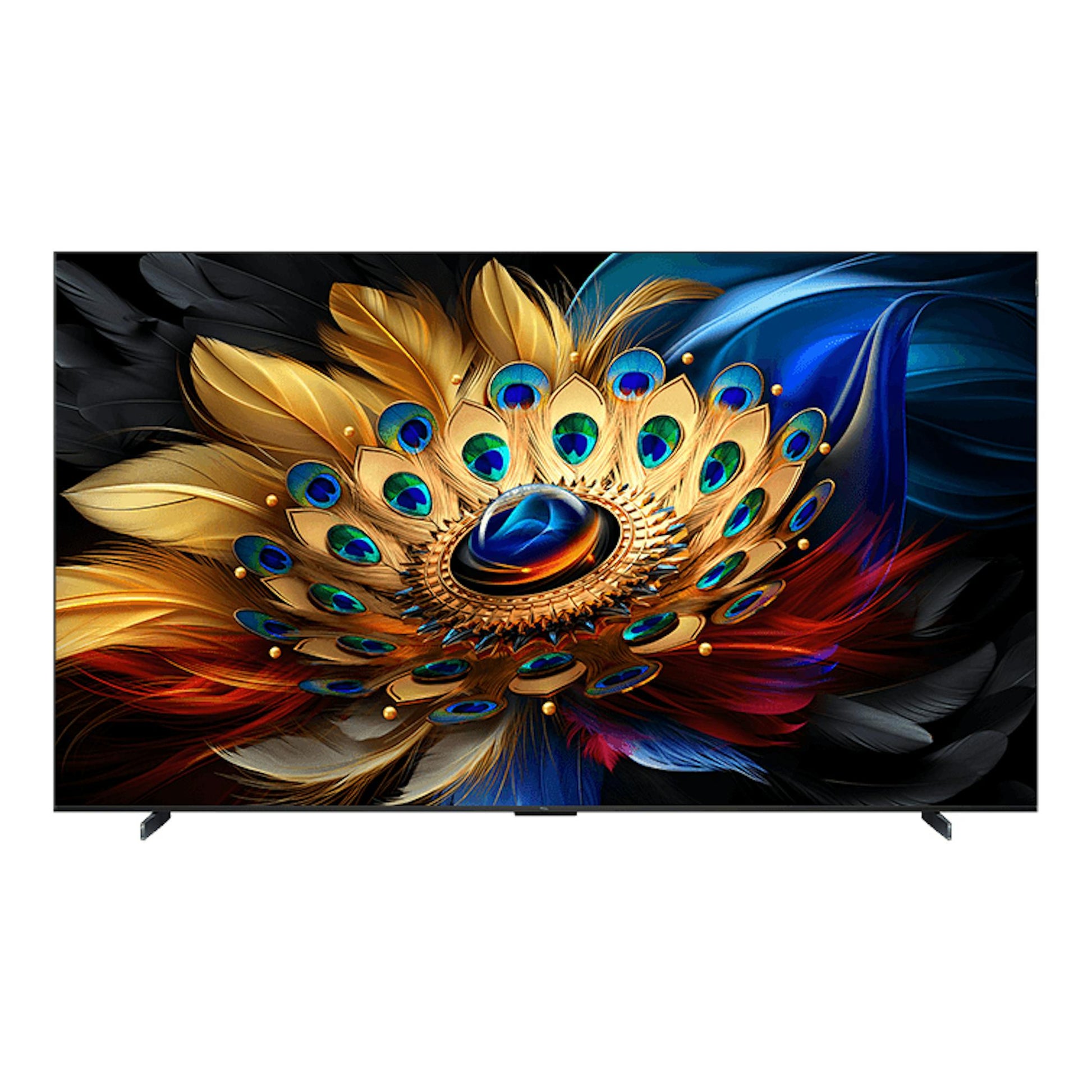 Televisor TCL 98C655 en vista frontal, con pantalla mostrando un diseño de plumas multicolor.