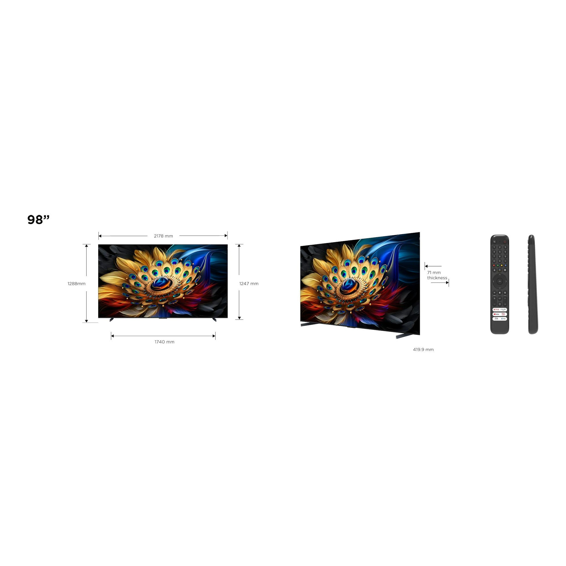 TCL 98C655, televisor 98” en vista frontal y lateral, con mando a distancia y medidas de 2178 x 1288 mm.