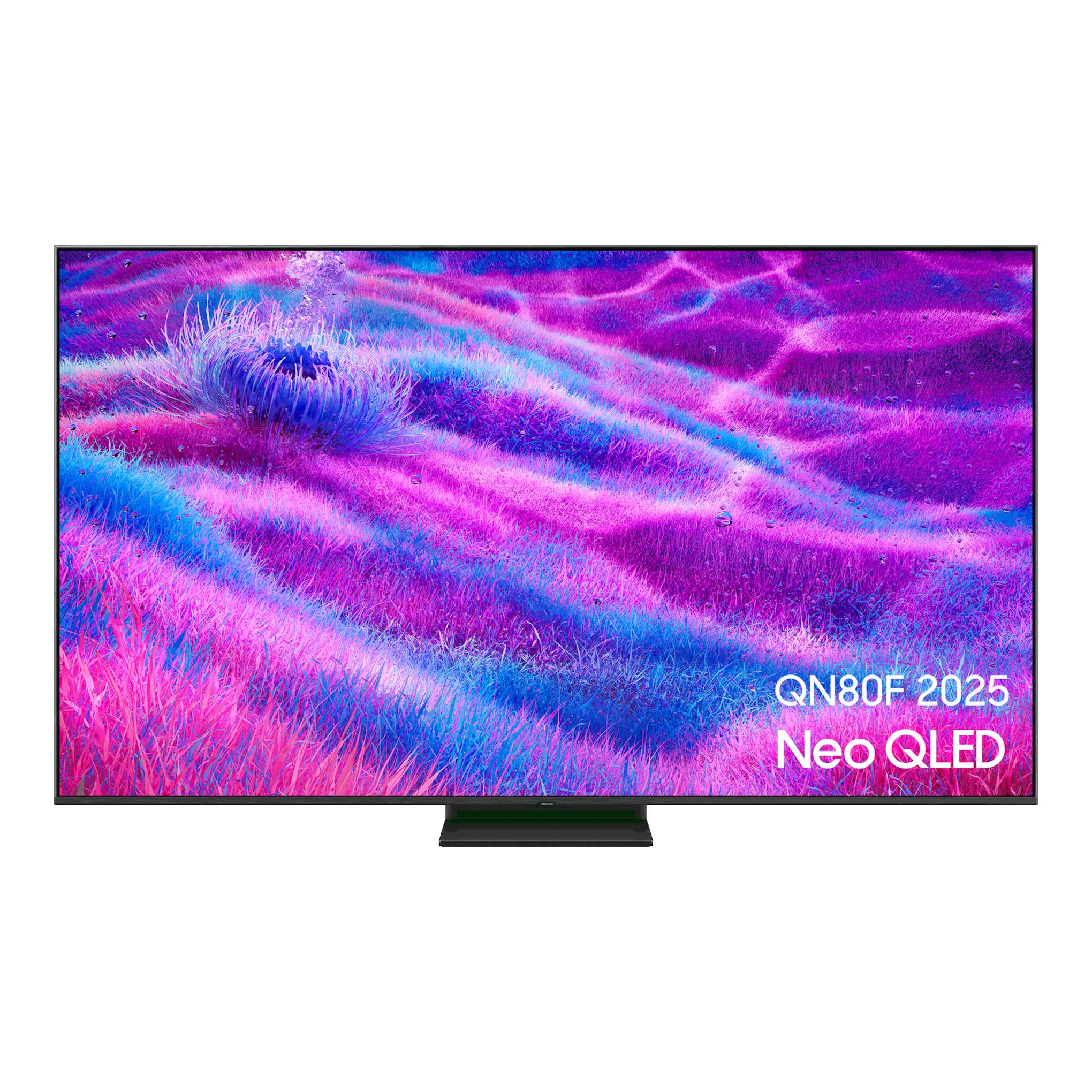 Televisor Samsung QN80F 2025 Neo QLED, vista frontal, con pantalla de fondo abstracto rosa y azul.