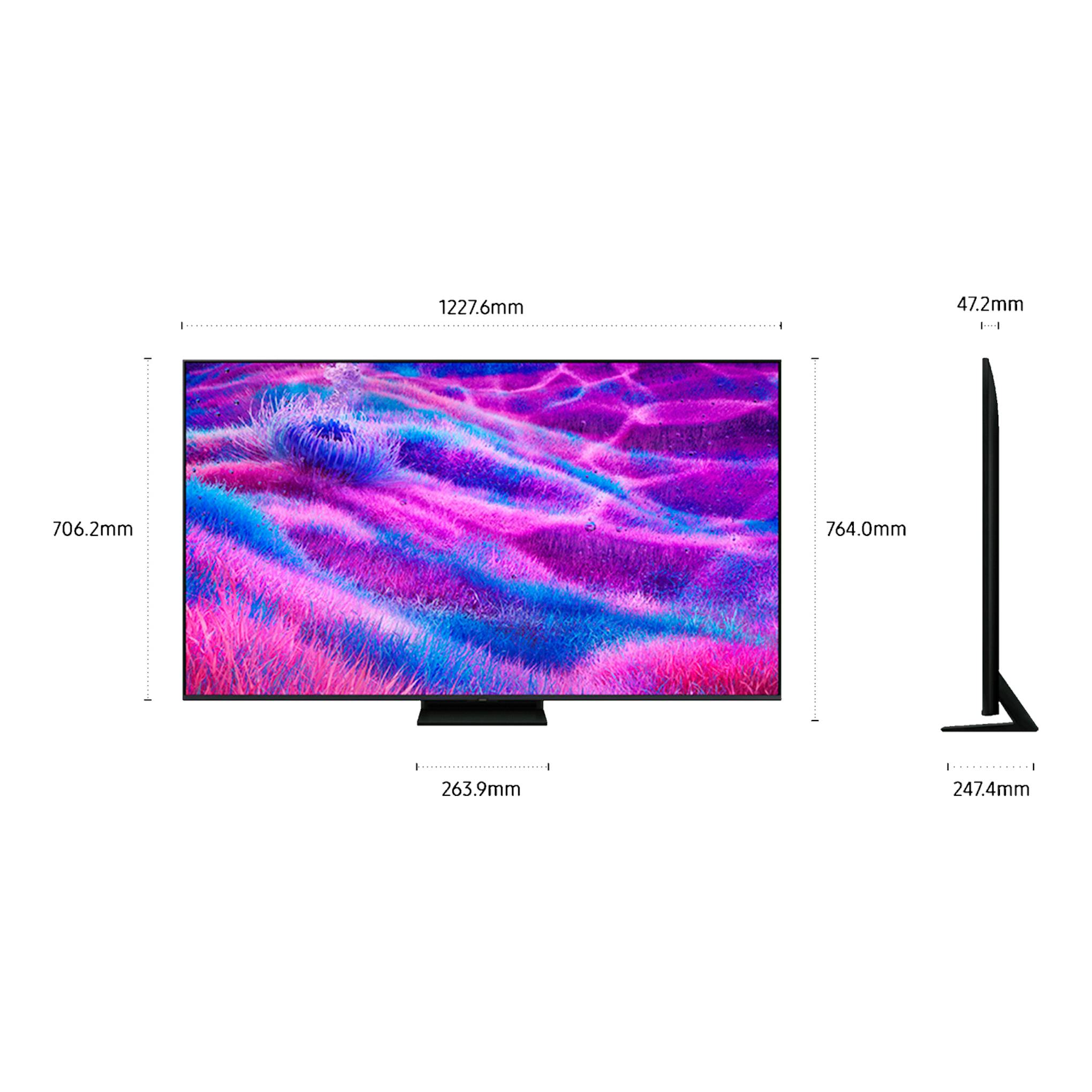 Televisor Samsung TQ55QN80FAUXXC, vista frontal y lateral, negro, con pantalla y medidas dimensionales.