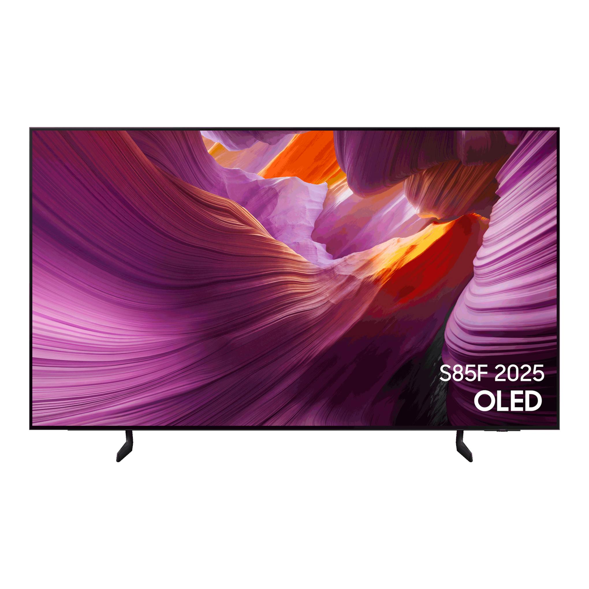 Televisor Samsung S85F 2025 OLED, vista frontal, marco negro y peanas, con imagen abstracta morada y naranja.