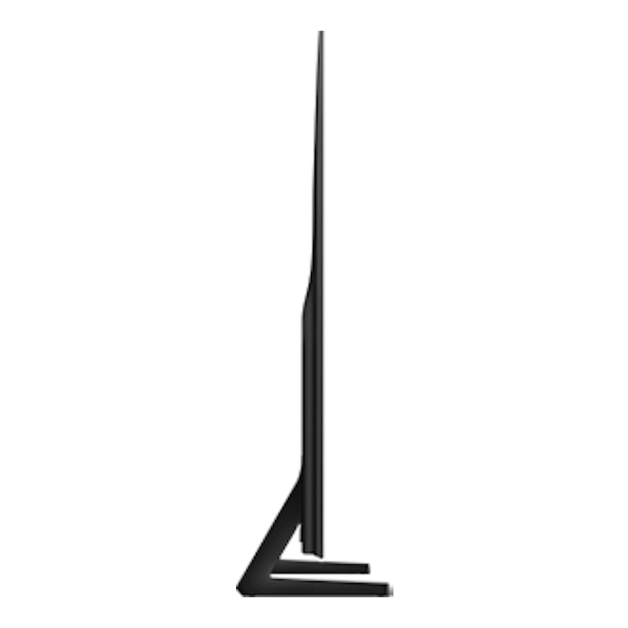Televisor Samsung TQ55S85FAUXXC en vista lateral, negro, sobre soporte, con perfil muy delgado.