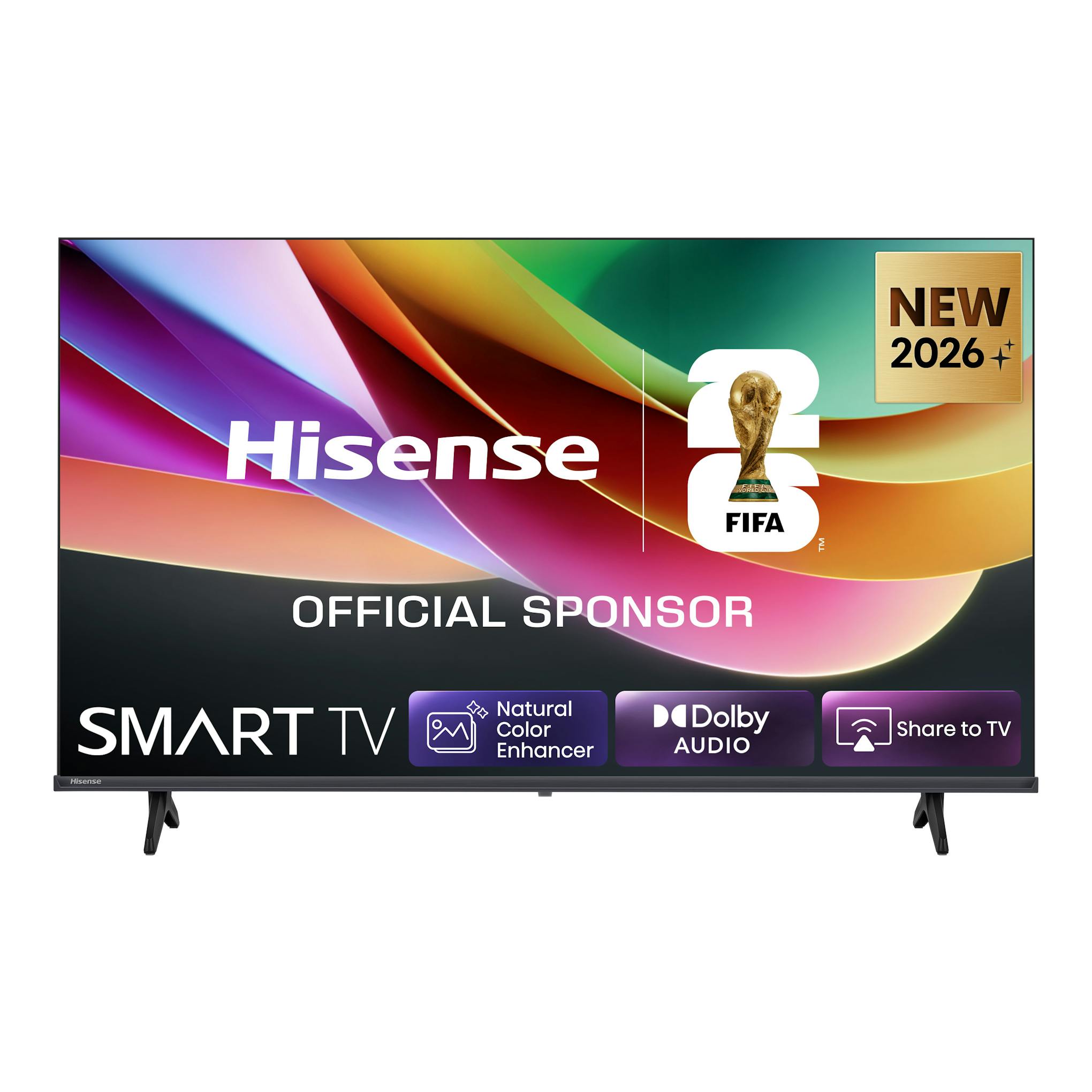 Televisor Hisense 32A4S, vista frontal, pantalla negra con patas y fondo multicolor.