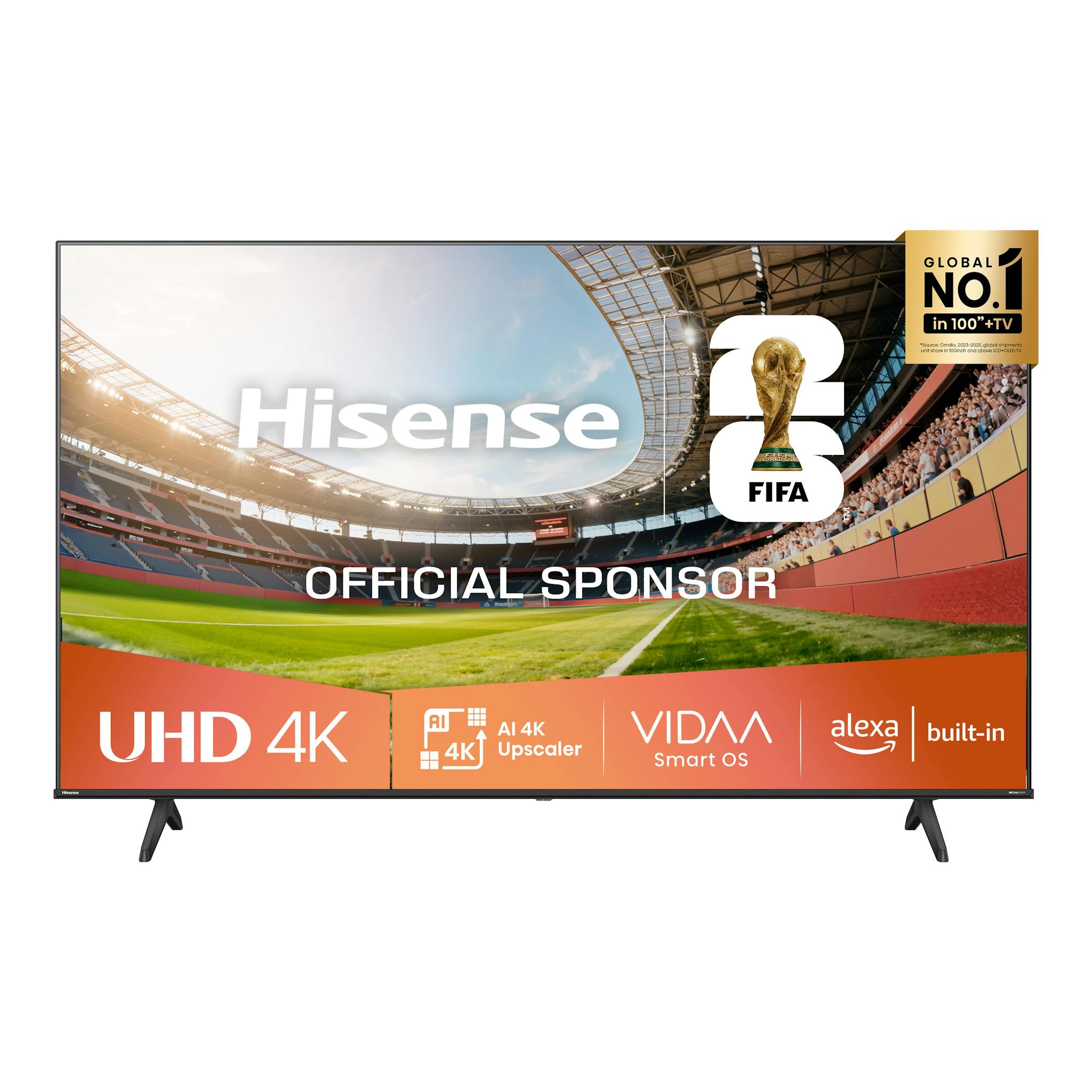 Televisor Hisense 55A6Q negro, vista frontal, con pantalla de estadio y logos UHD 4K, VIDAA y Alexa integrada.
