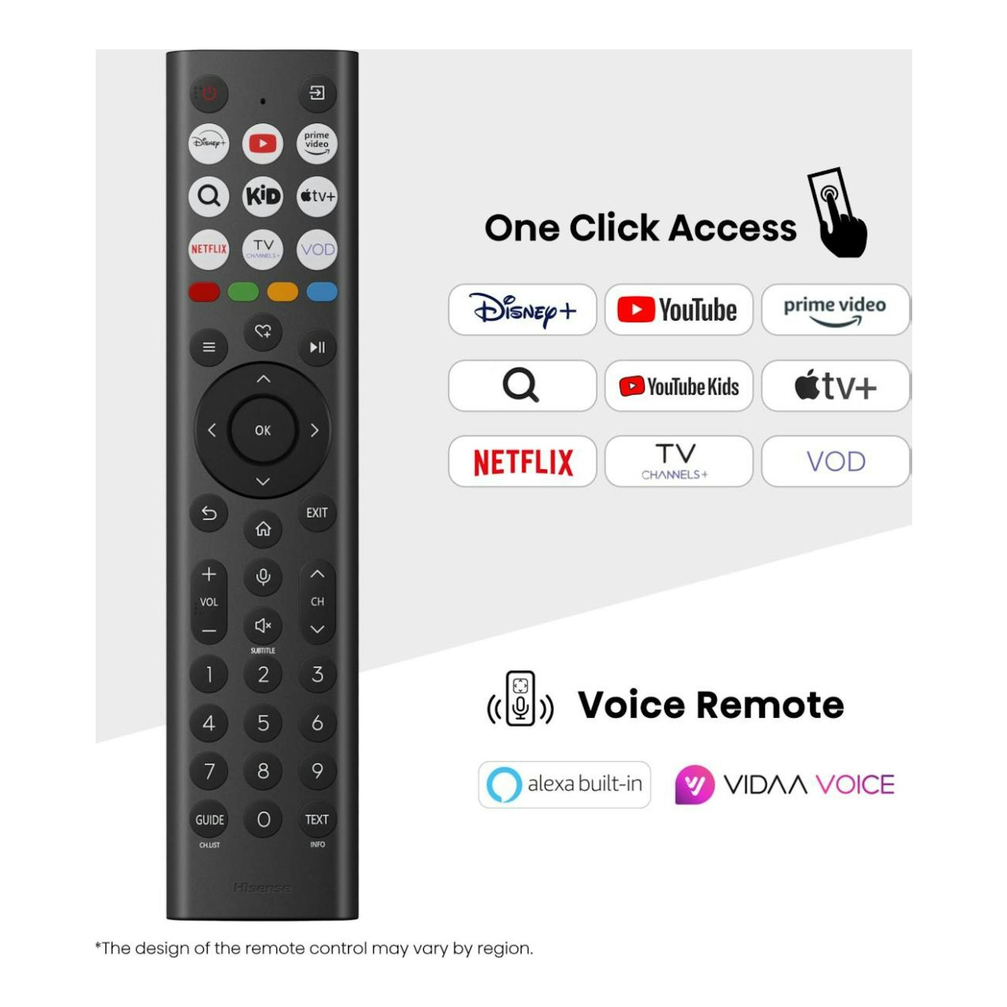 Mando a distancia Hisense negro, vista frontal, con botones de streaming, control de voz y teclado numérico.
