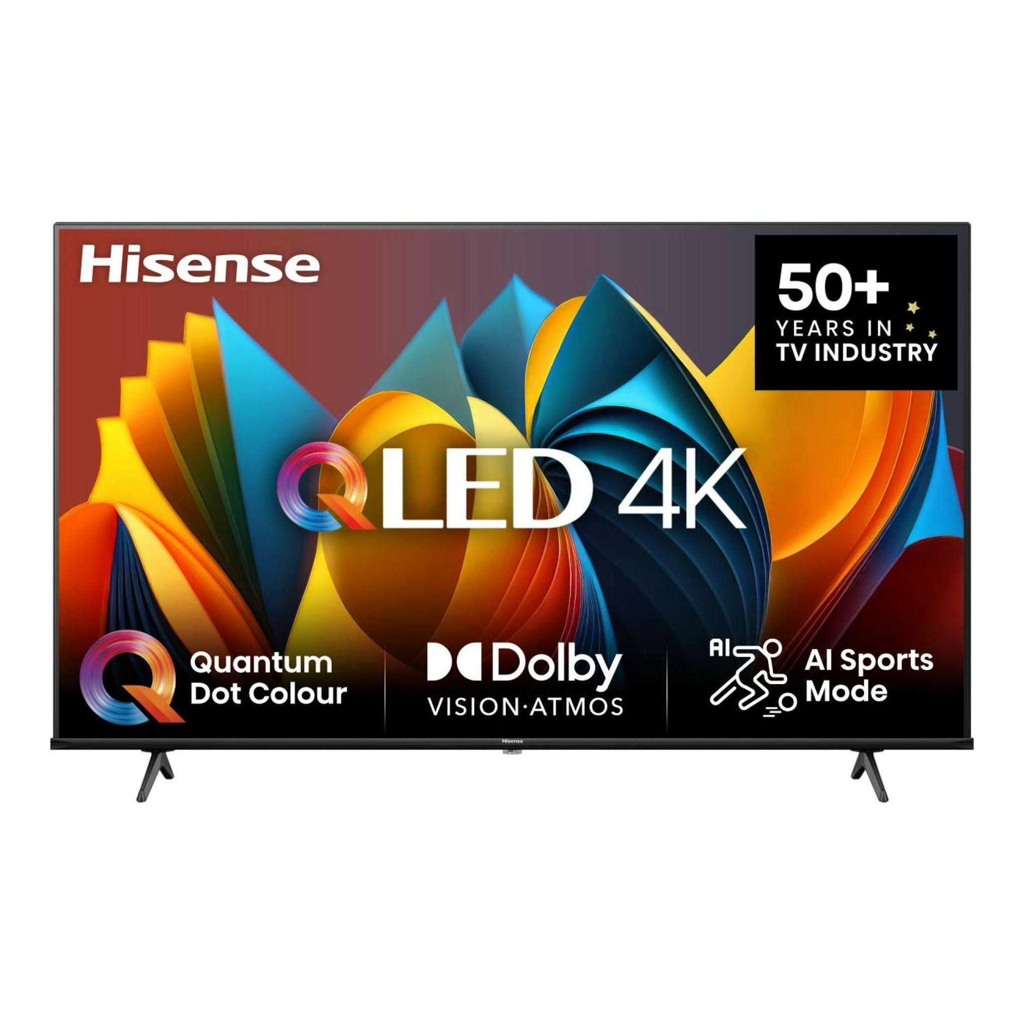 Televisor Hisense 55E77NQ QLED 4K UHD, vista frontal, marco negro y pantalla con gráfico multicolor.