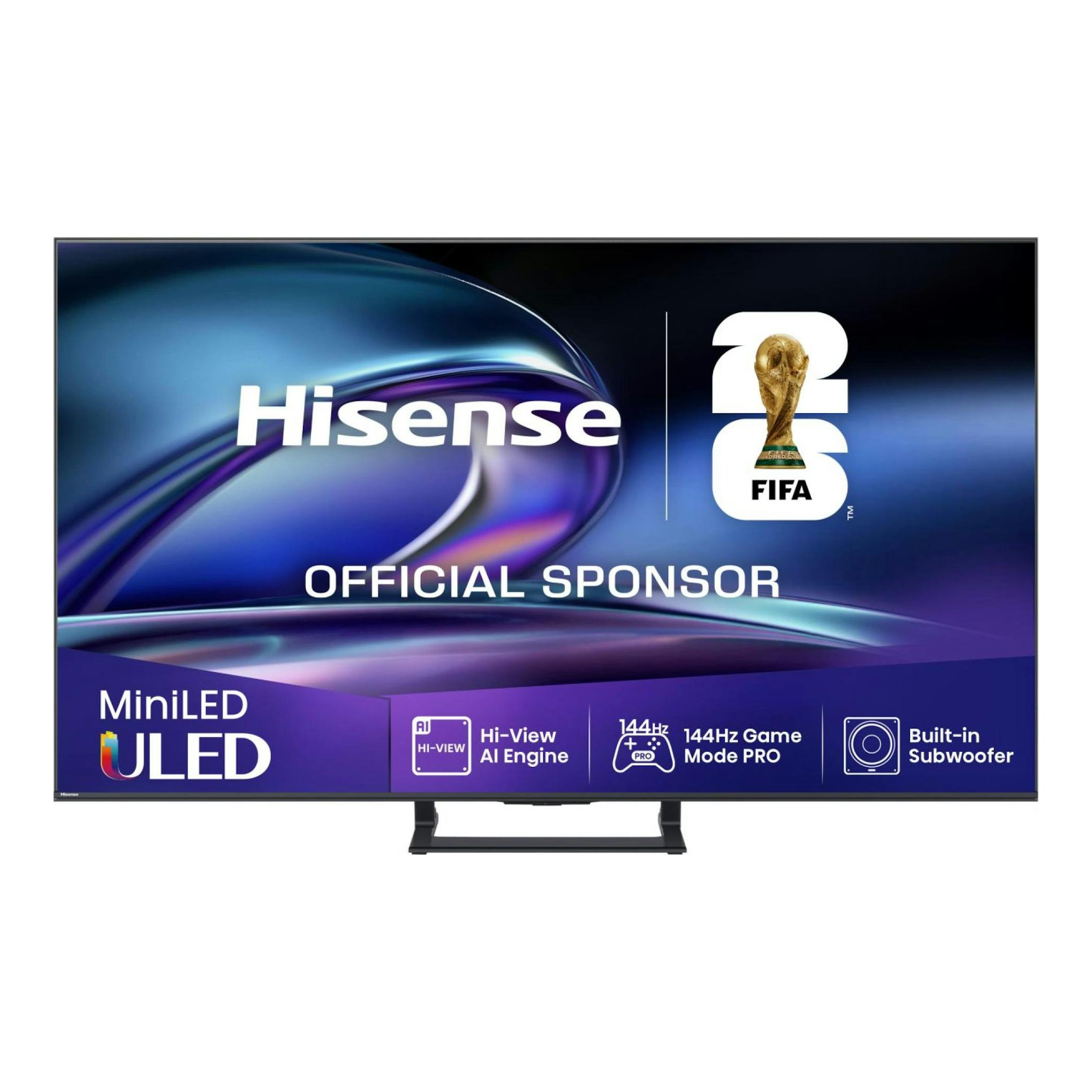 Televisor Hisense 55E8Q, vista frontal, con pantalla azul y morada, logo FIFA y peana central negra.