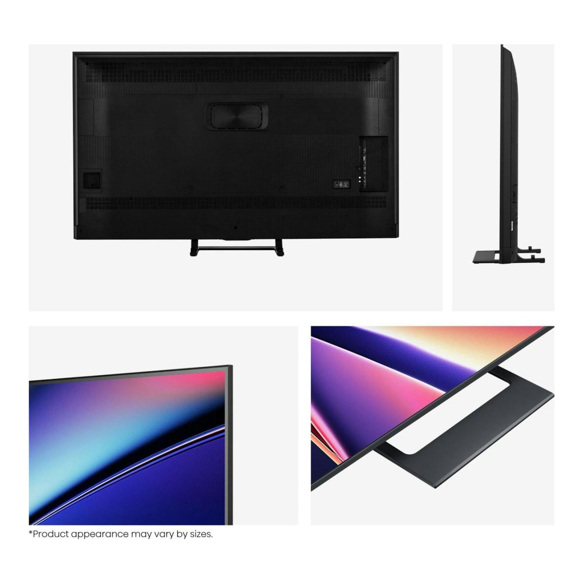 Televisor Hisense 55E8Q negro, con vistas trasera, lateral y frontal y peana central.