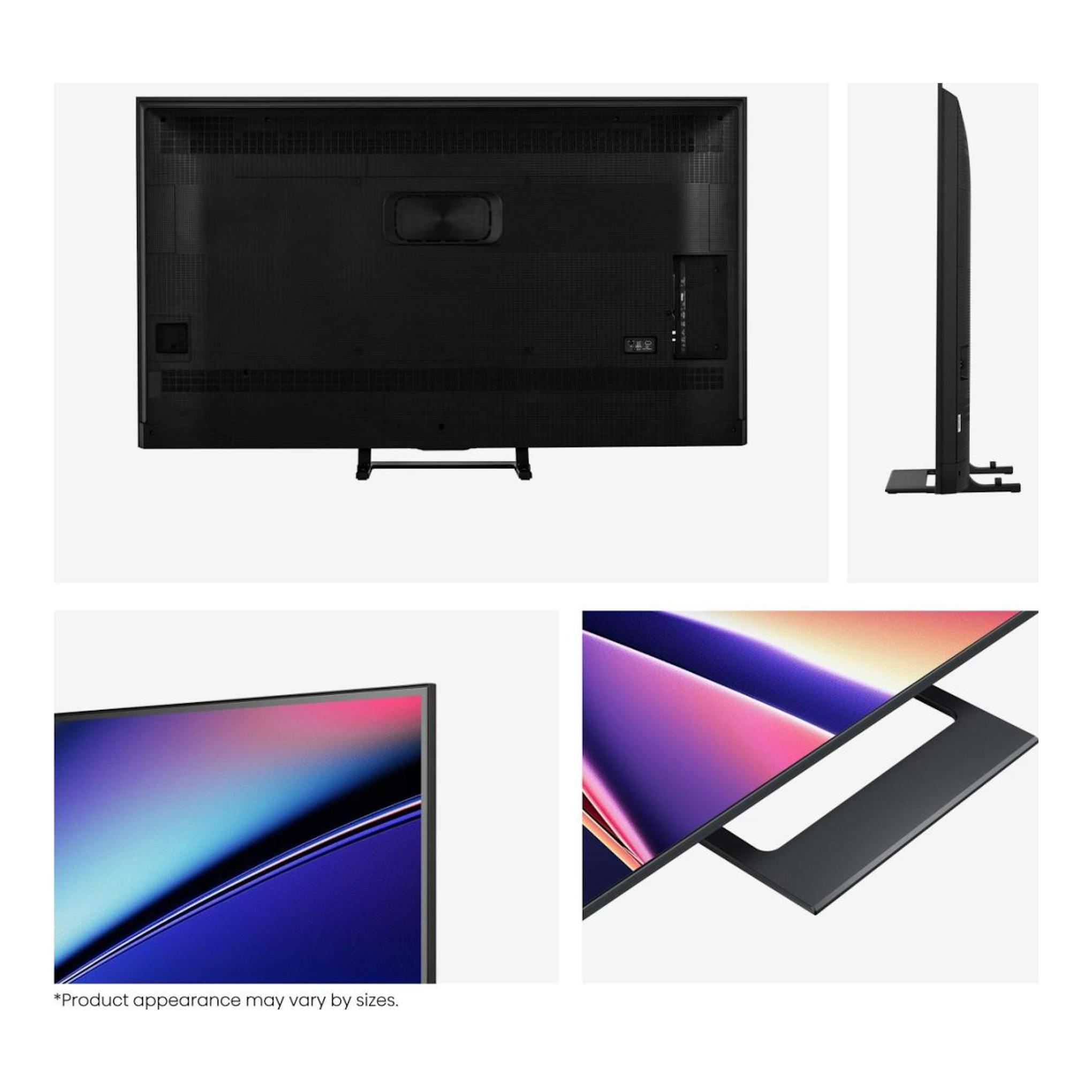 Televisor Hisense 55E8Q negro, con vistas trasera, lateral y frontal y peana central.