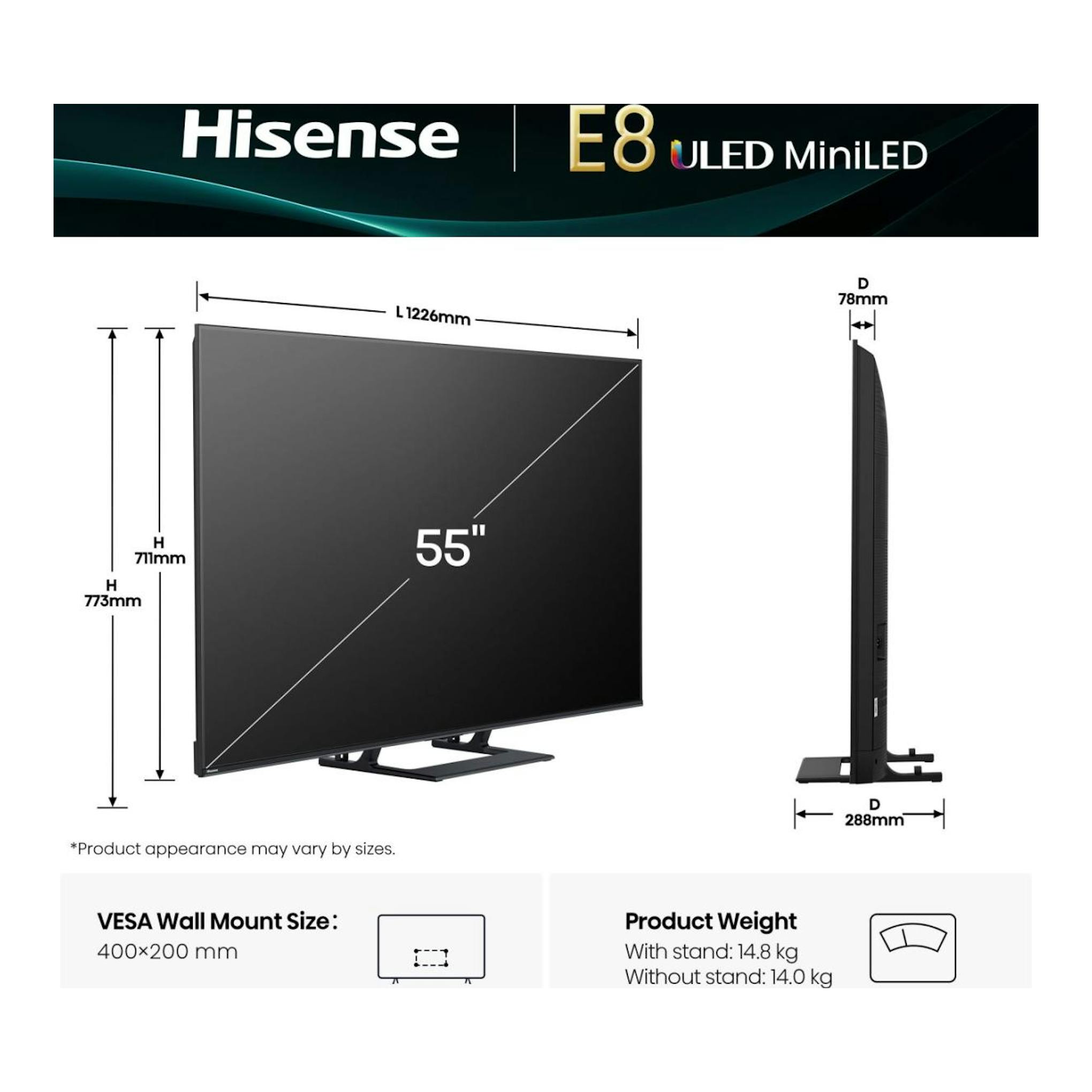 Televisor Hisense 55E8Q ULED MiniLED de 55", en vista frontal y lateral, color negro, con peana.
