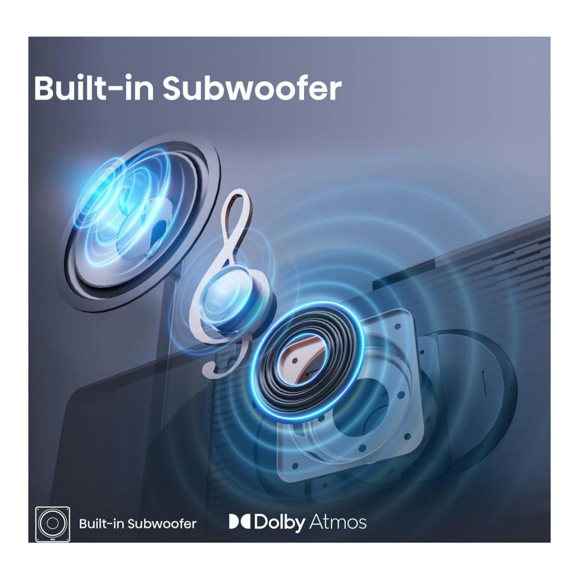 Hisense 55E8Q: gráfico del subwoofer integrado y Dolby Atmos en la parte trasera del televisor.