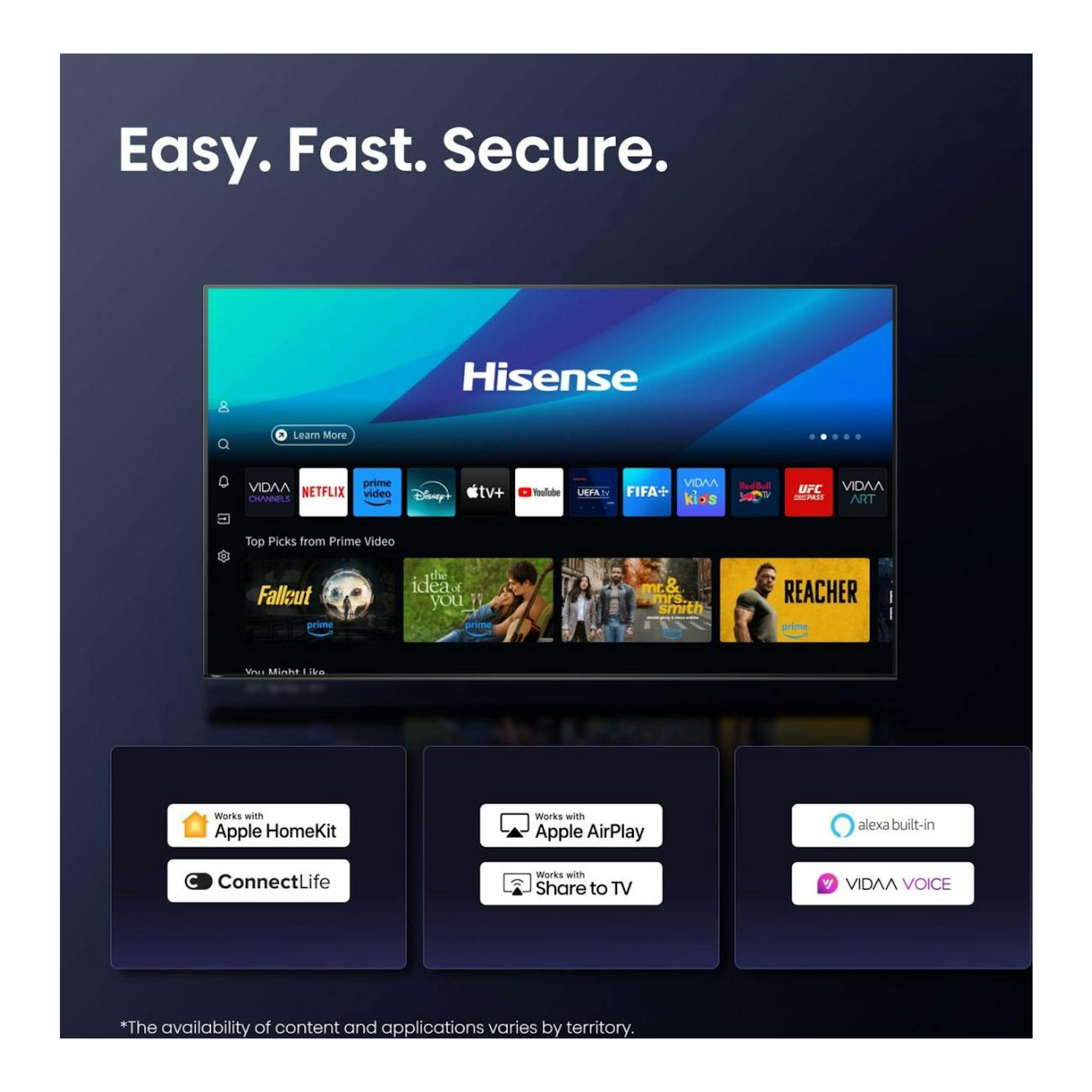 Televisor Hisense 55E8Q en vista frontal, con pantalla de inicio VIDAA y logos de Apple HomeKit, AirPlay y Alexa.
