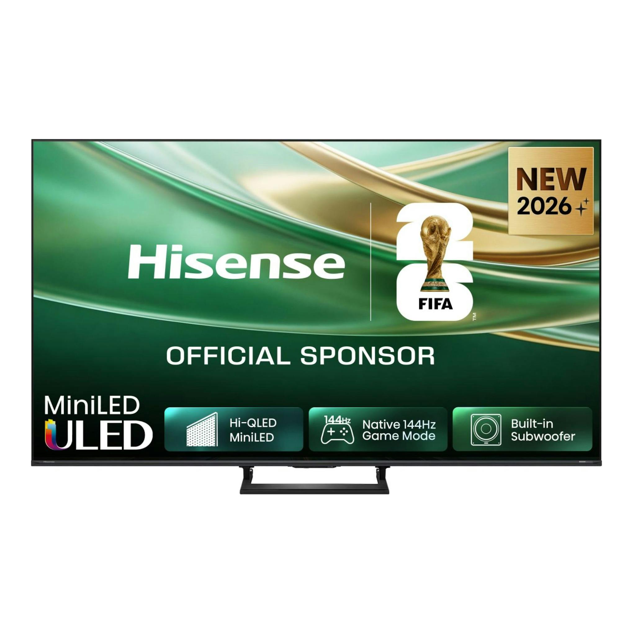 Televisor Hisense 55E8S en vista frontal, pantalla con fondo verde y dorado, base negra.