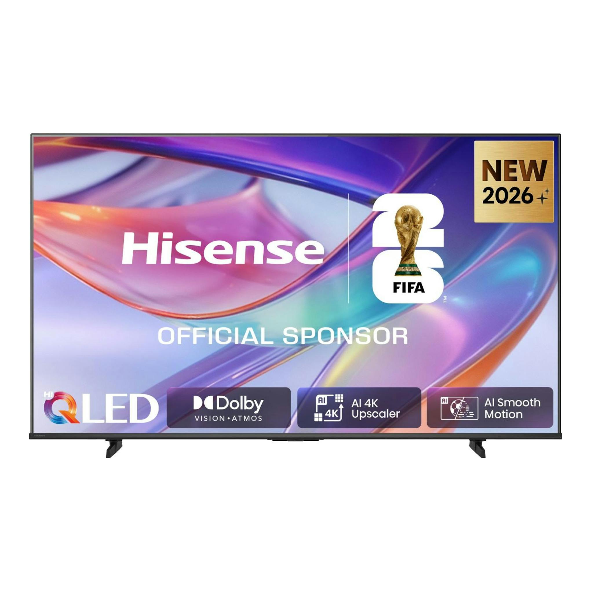 Televisor Hisense 55Q7S, vista frontal, pantalla QLED con fondo multicolor y logos FIFA y New 2026.