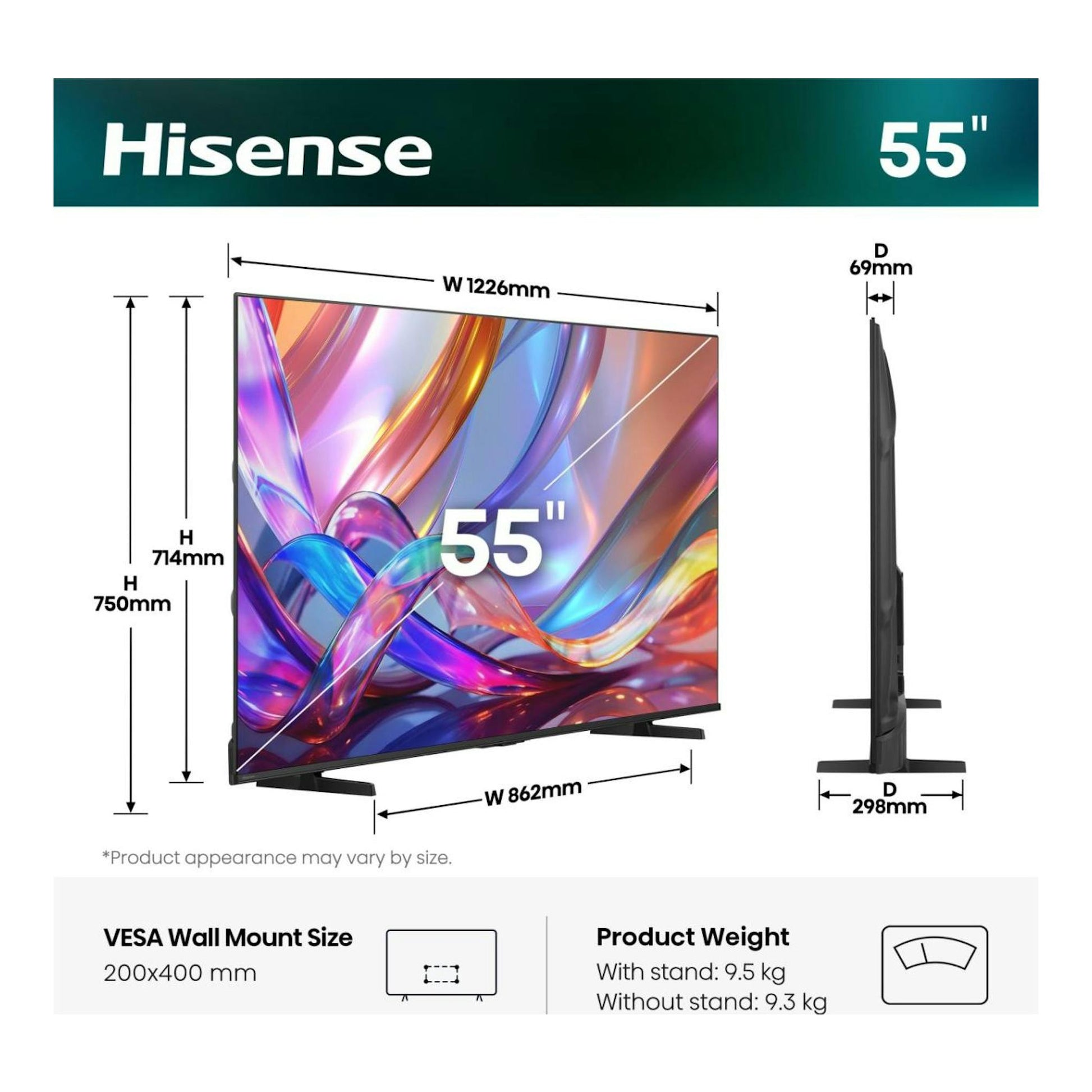 Televisor Hisense 55Q7S de 55", vista frontal y lateral, con base negra y medidas.