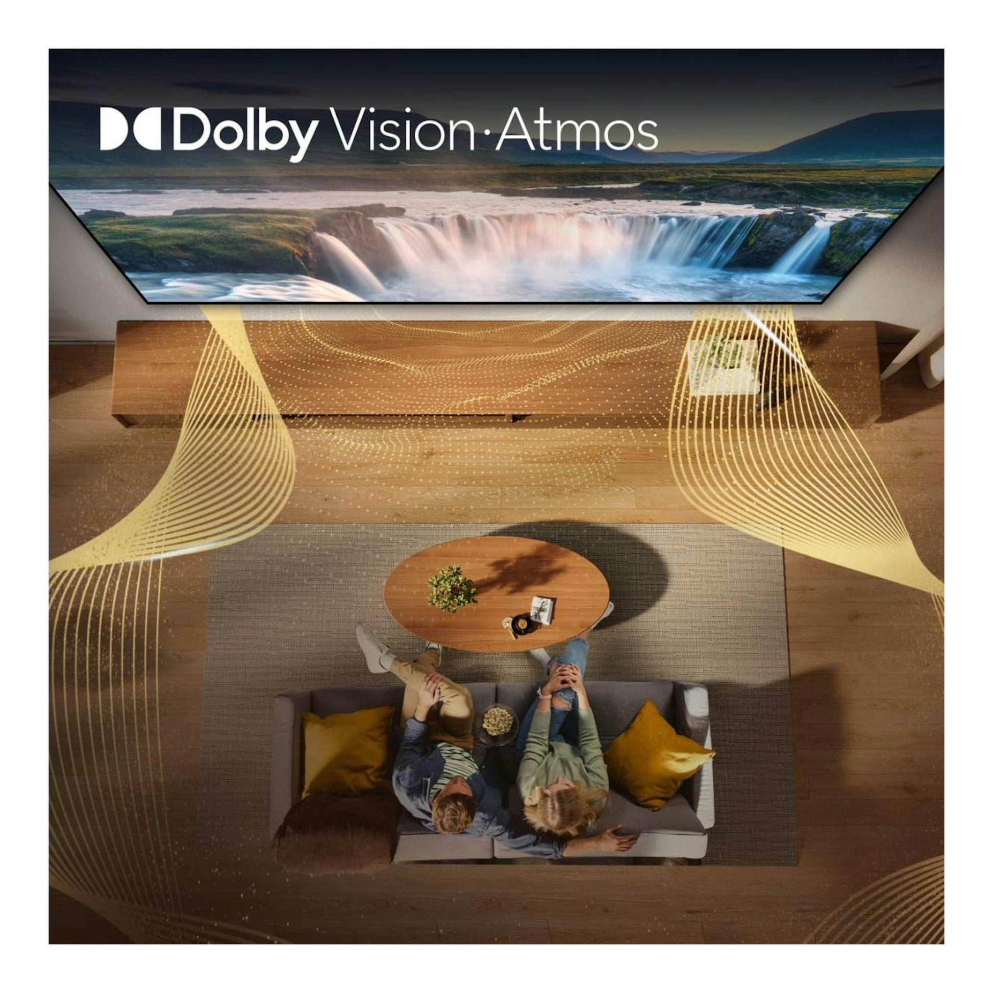 Televisor Hisense 55Q7S, vista frontal, con imagen de cascada y texto Dolby Vision Atmos.