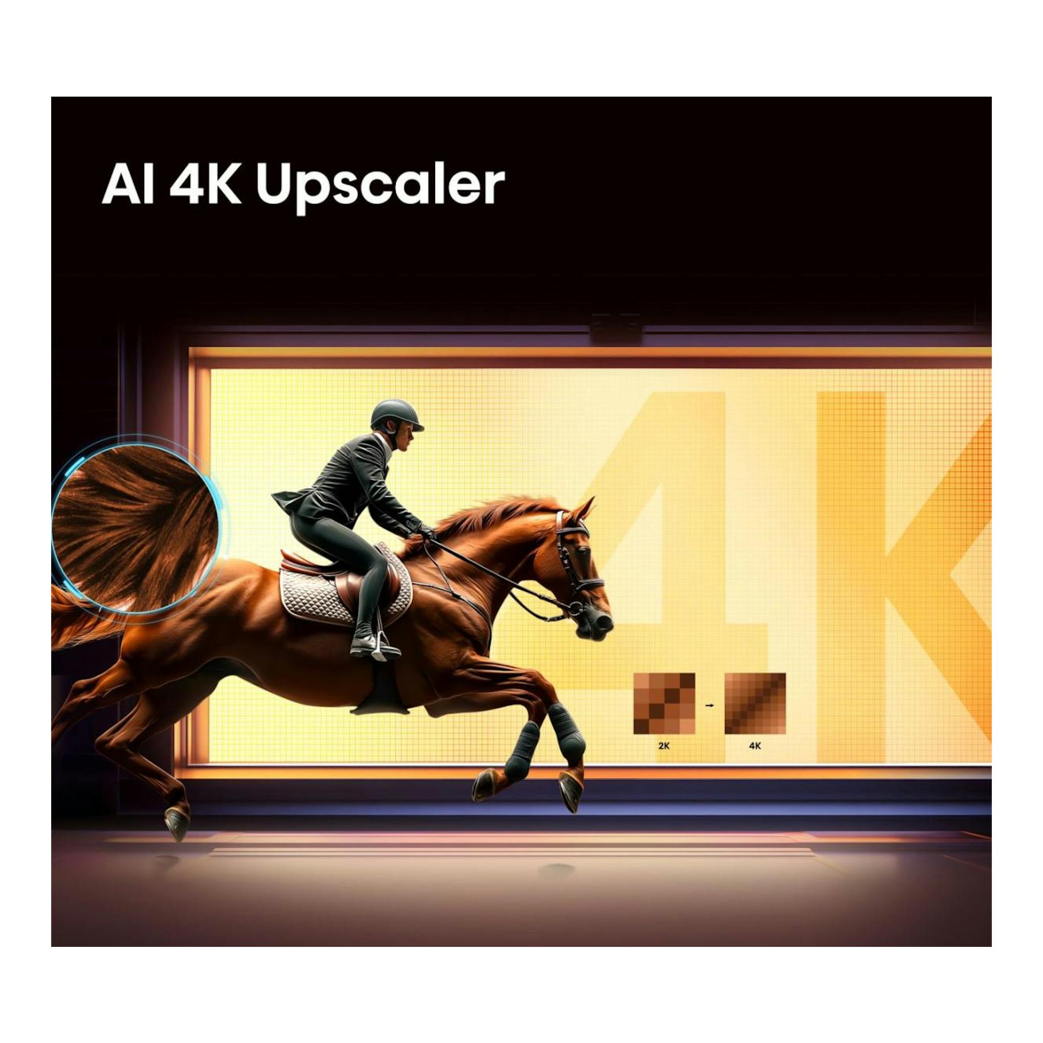 Gráfico promocional de Hisense 55Q7S con jockey a caballo y texto «AI 4K Upscaler», de 2K a 4K.